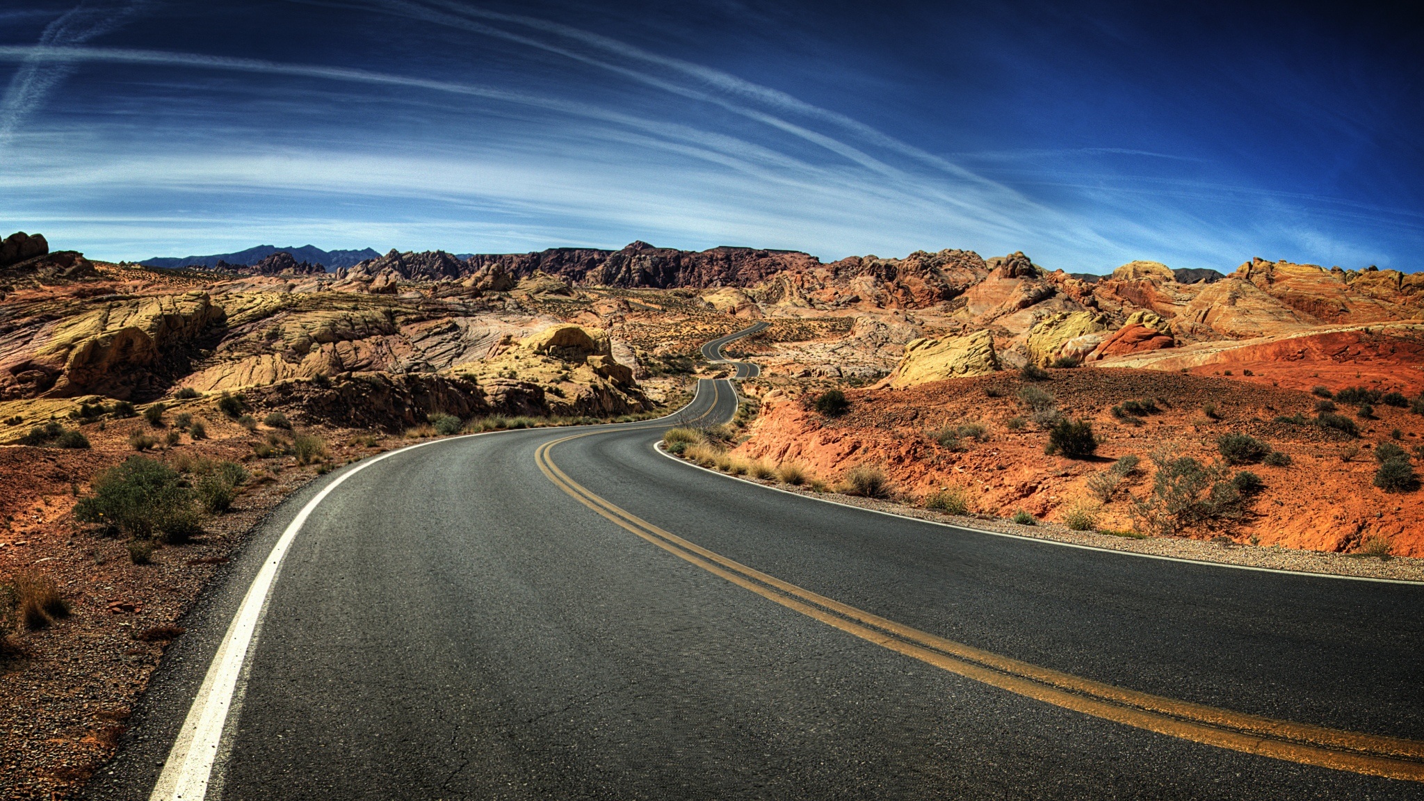Valley of Fire State Park, curving asphalt highway, red sandstone formations, HD Desktop wallpaper