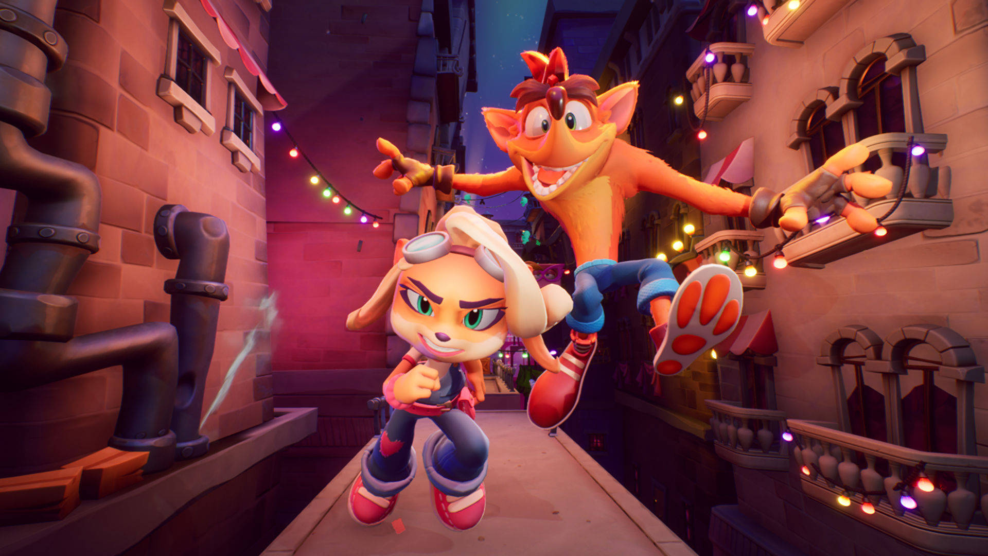 Crash Bandicoot, Coco Bandicoot, Crash Bandicoot 4: It's About Time, Mardi Gras alleyway lights, Full HD Desktop wallpaper