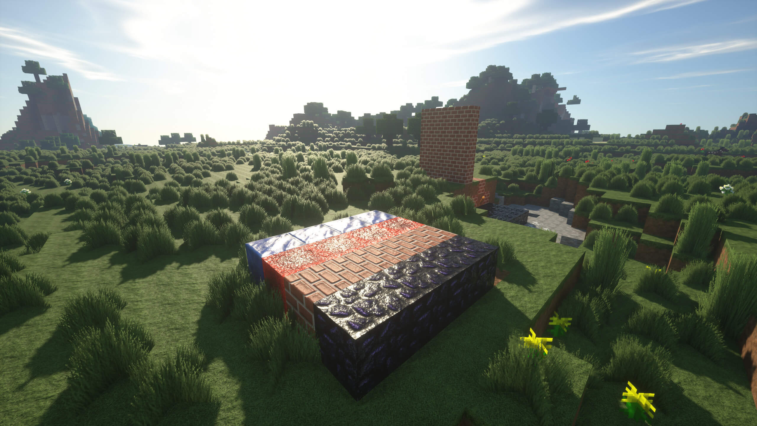 Minecraft obsidian block, Minecraft brick blocks, Minecraft shader landscape, HD Desktop wallpaper
