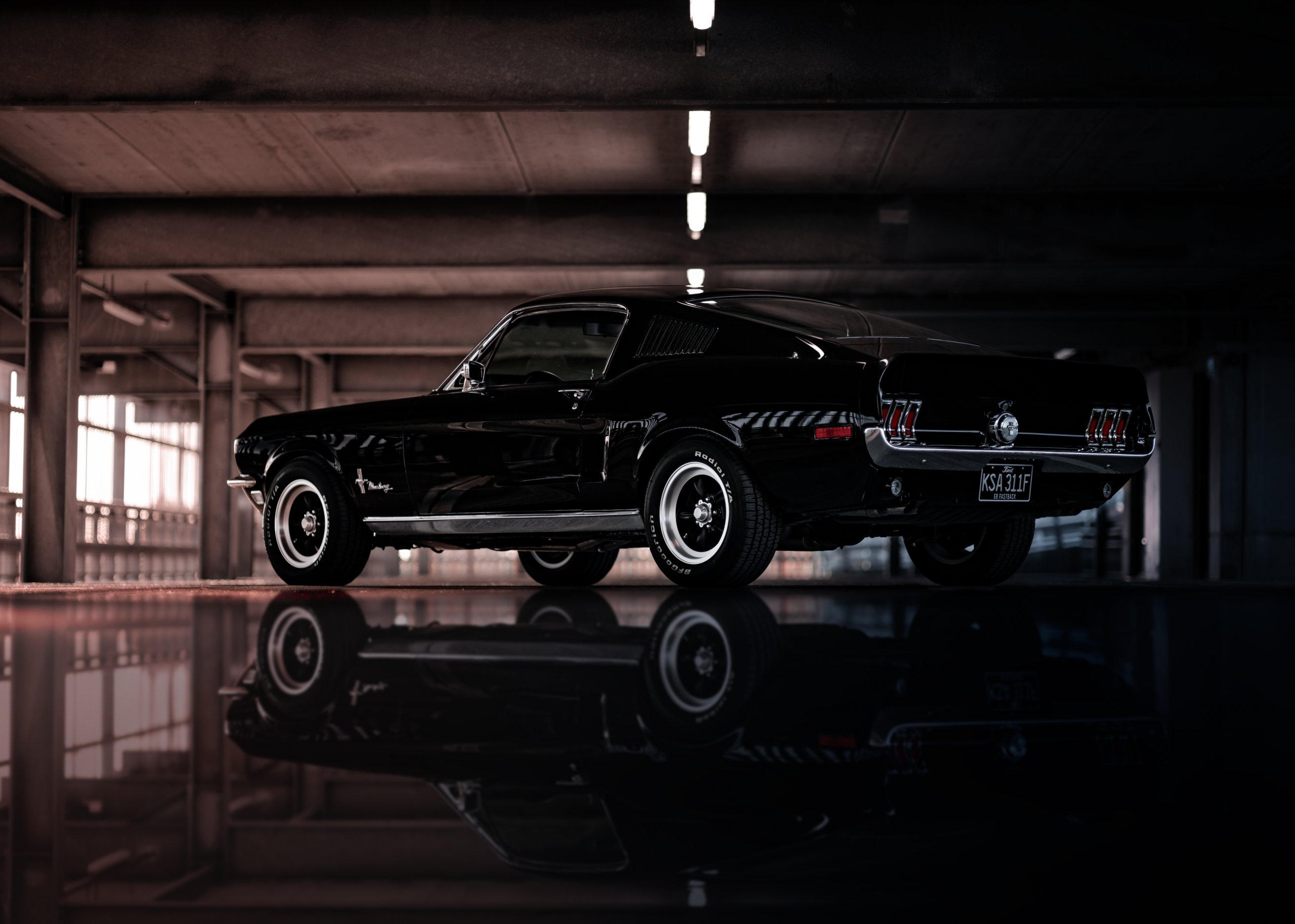1967 Ford Mustang Fastback, Wet floor reflection, Underground parking garage, HD Desktop wallpaper