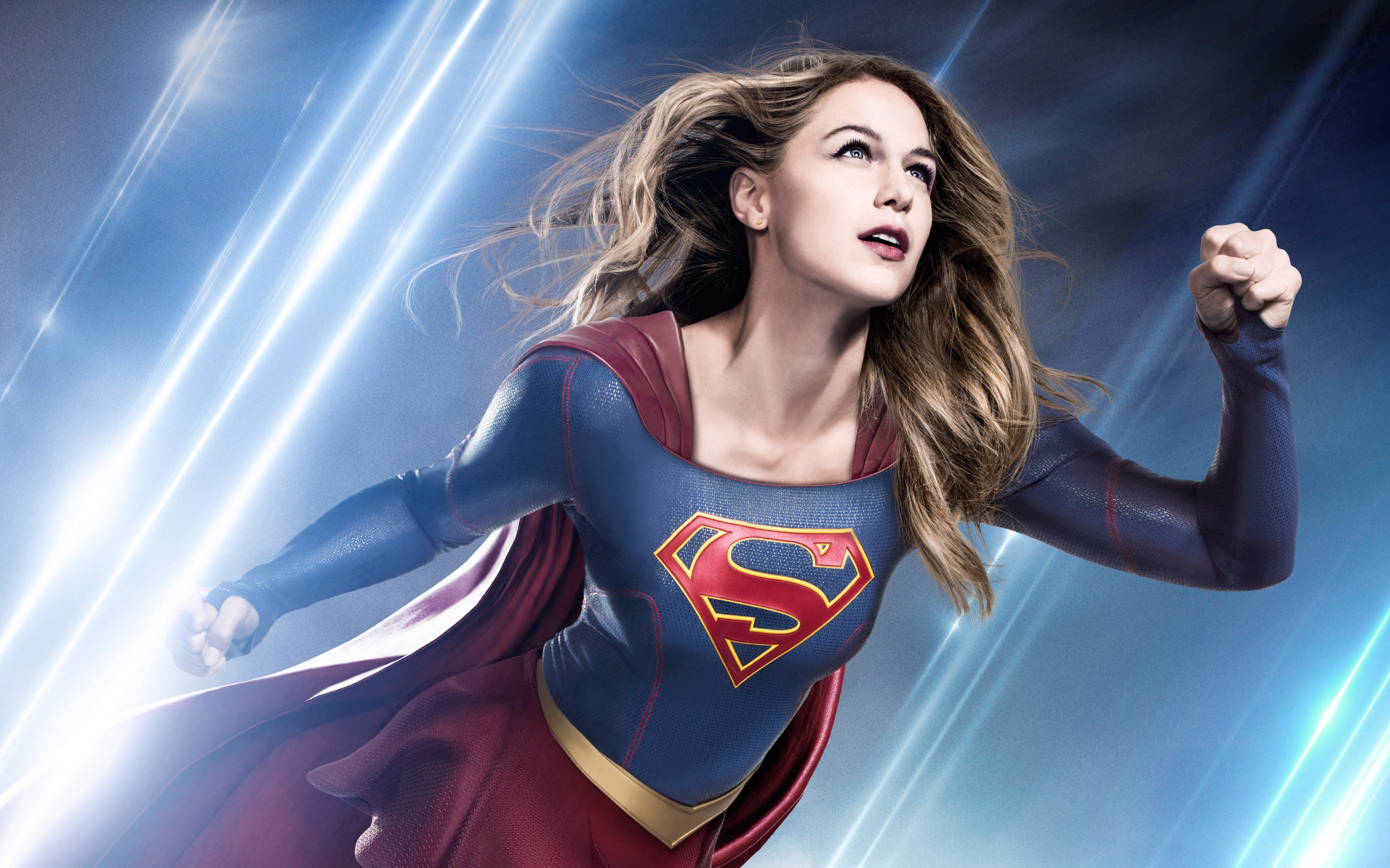 Melissa Benoist as Supergirl, House of El insignia, Blue sky light streaks, HD Desktop wallpaper