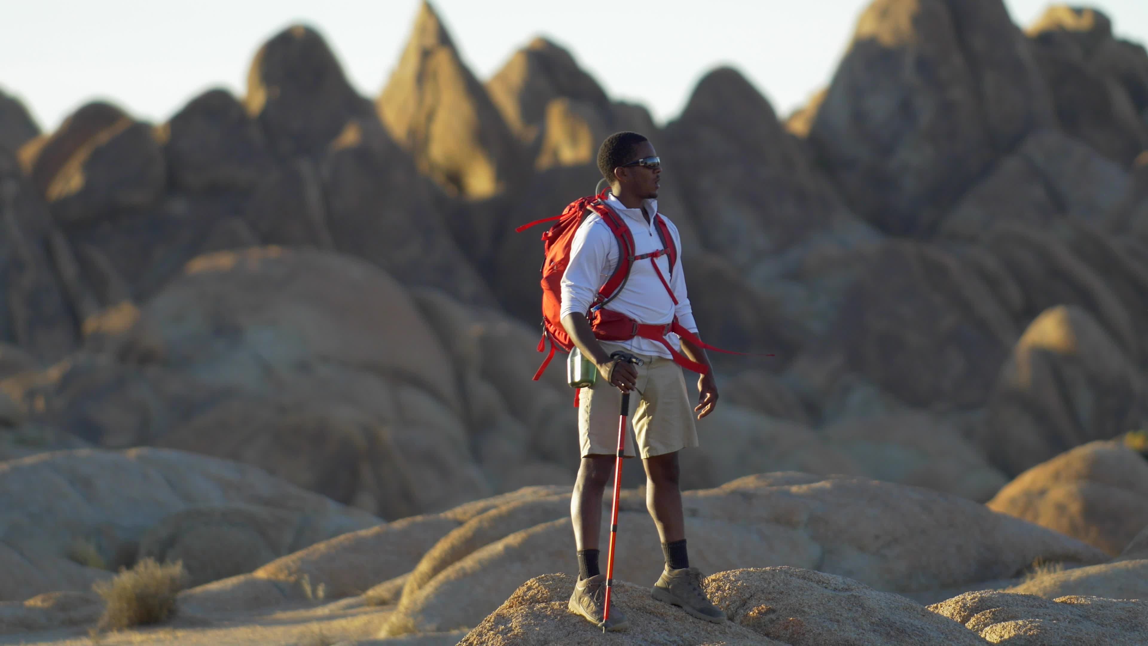 Desert backpacking, Adventure seeker, Mountainous terrain, Stock video footage, 3840x2160 4K Desktop