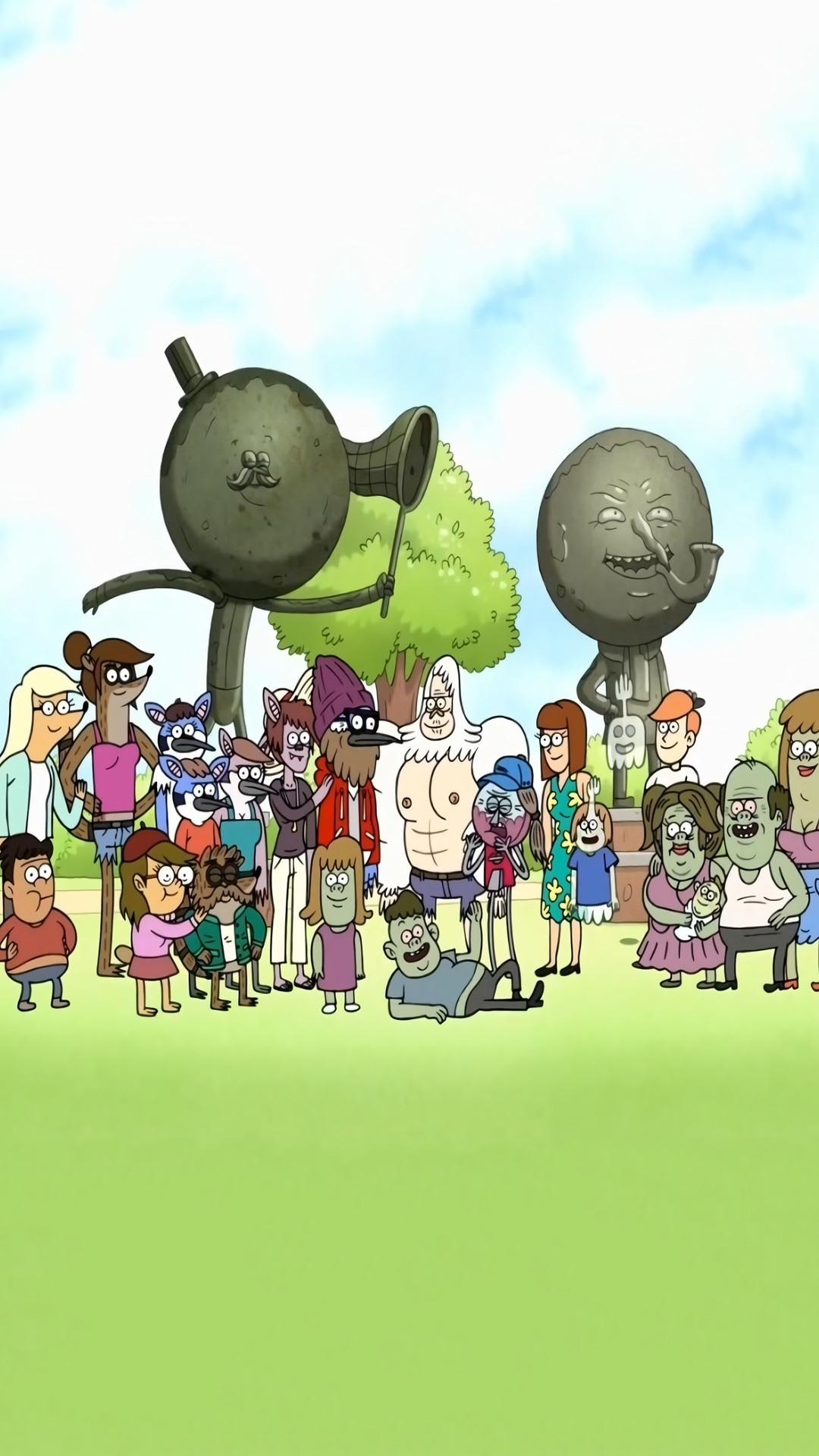 Skips white-bearded yeti, Mordecai and Rigby in crowd, Stone park statues, Sunny lawn gathering, Regular Show, Full HD Phone wallpaper