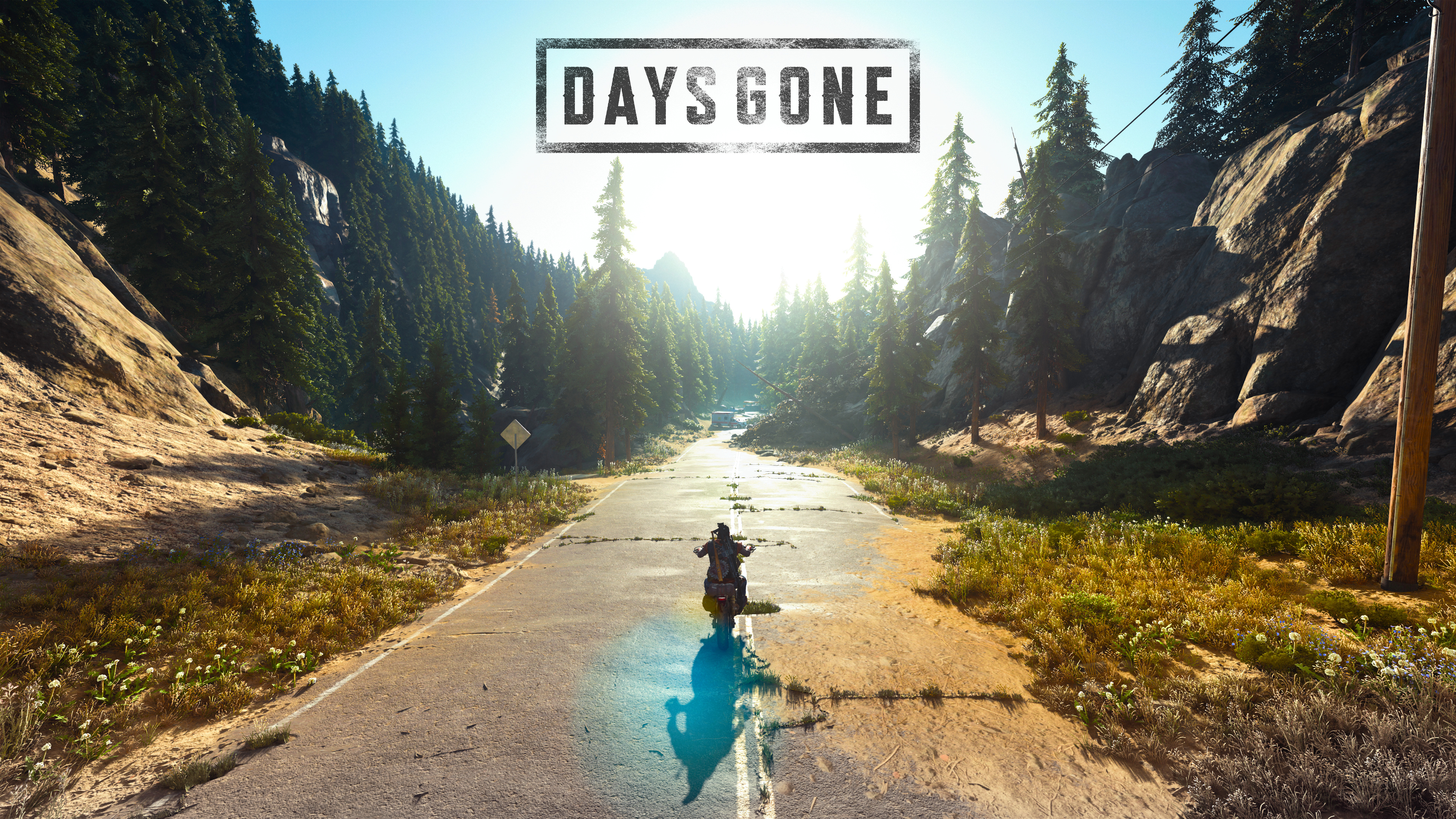 Deacon St. John, DAYS GONE text, Pacific Northwest forest highway, 4K Desktop wallpaper