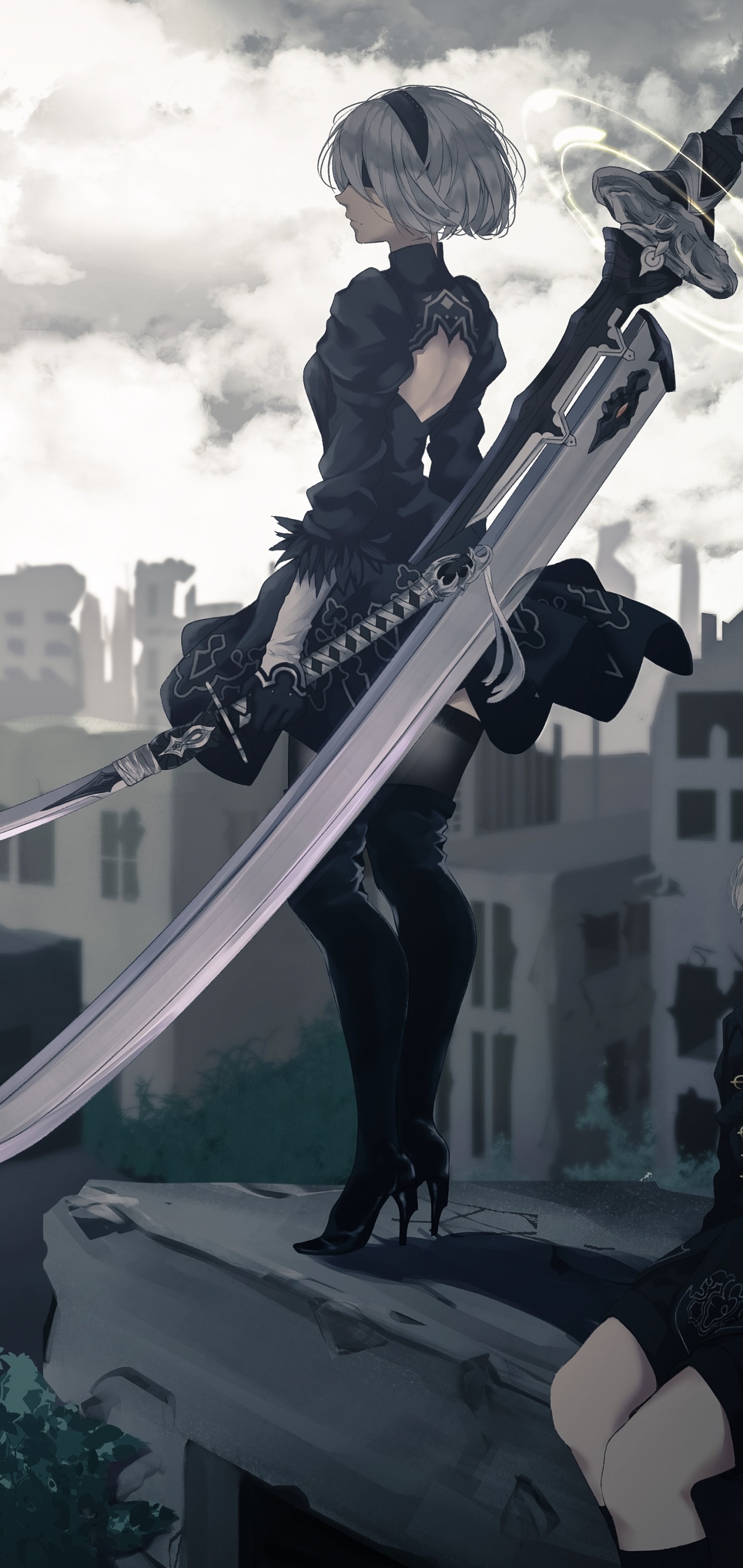 2B NieR:Automata, Virtuous Treaty greatsword, Ruined City cityscape, HD Phone wallpaper