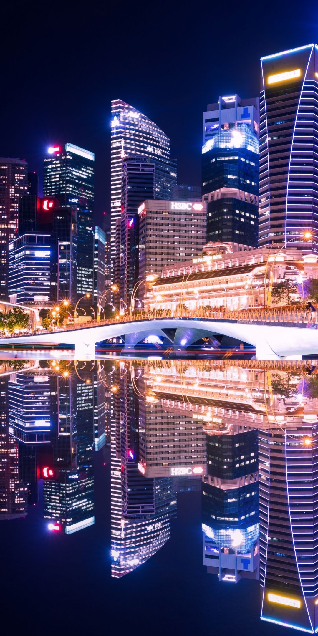 The Fullerton Hotel Singapore, Singapore downtown skyline, HSBC building, waterfront night reflection, HD Phone wallpaper