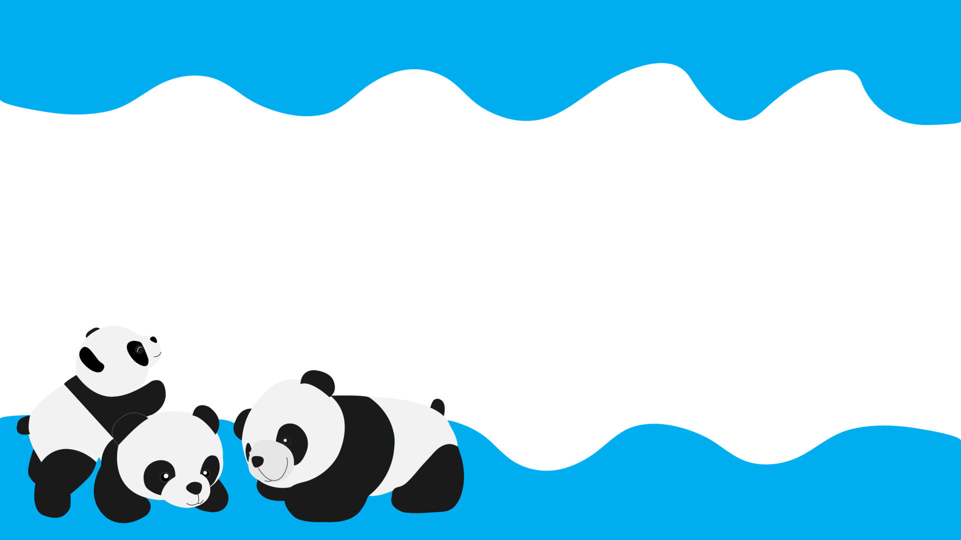 Cartoon panda bears, Blue wavy border, White minimalist background, Full HD Desktop wallpaper