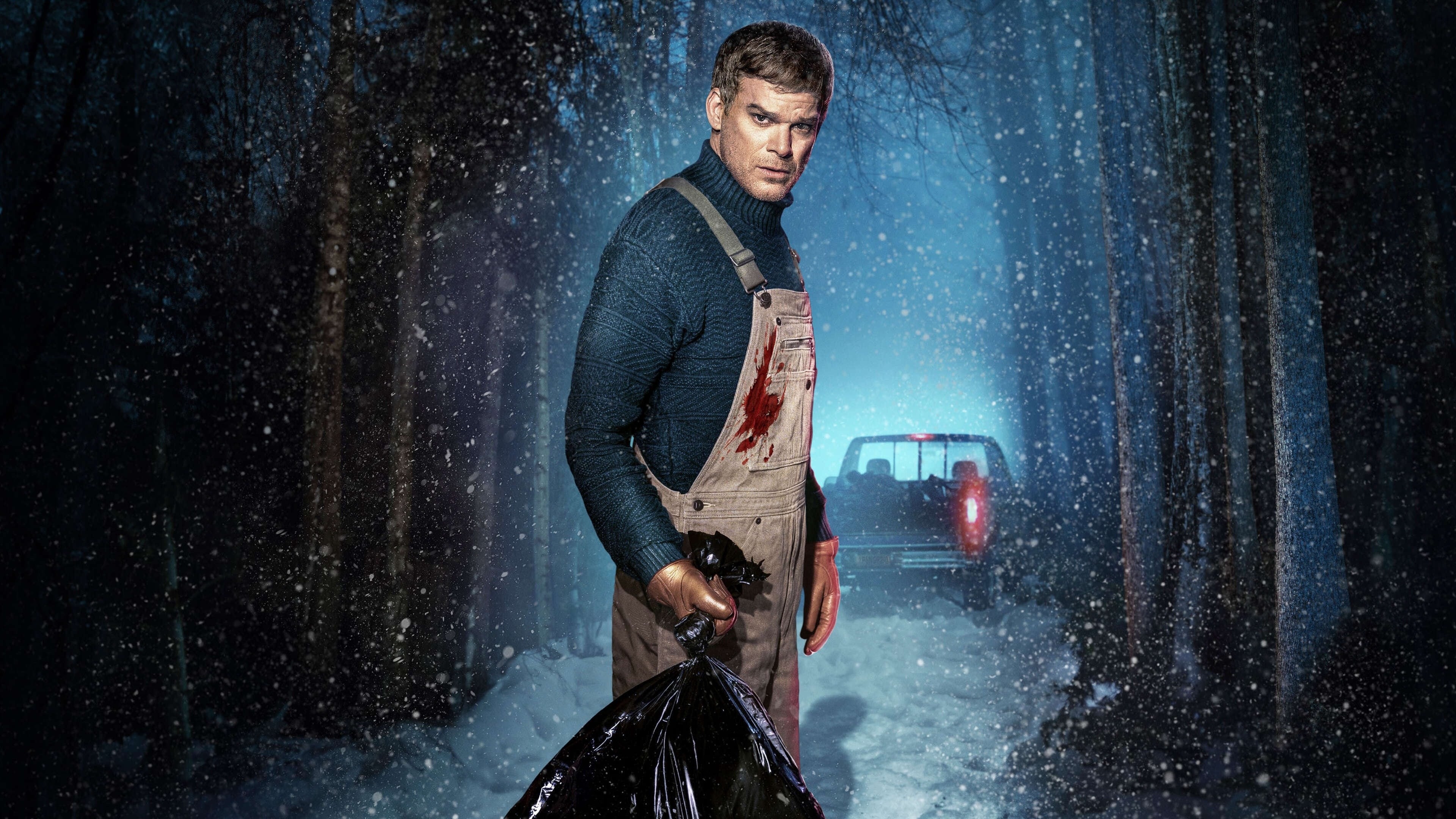 Dexter Morgan, blood-stained overalls, snowy winter woods, 4K Desktop wallpaper