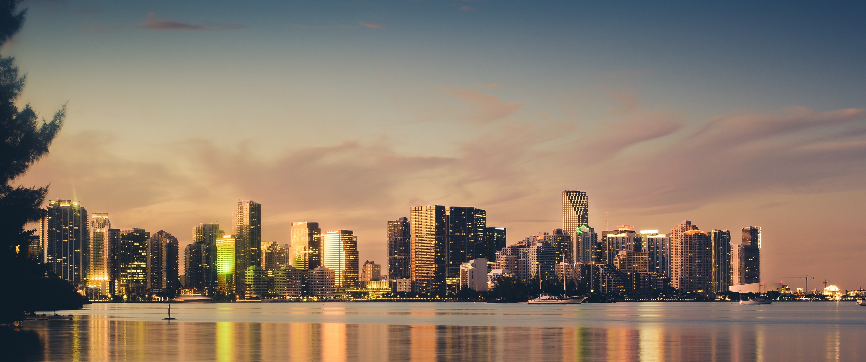 Miami Beach Skyline, 4K sunset cityscape, Florida city lights, World, 3440x1440 Dual Screen Desktop