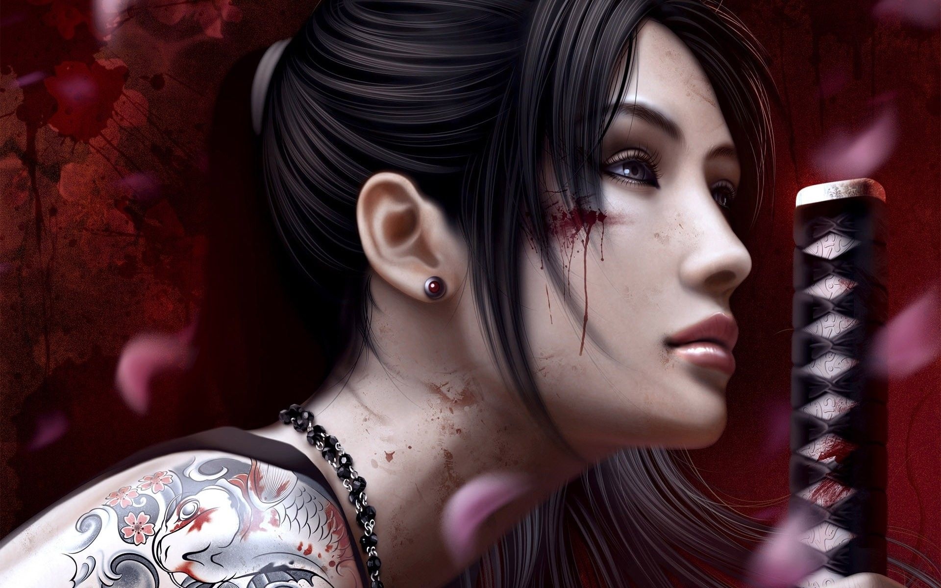 Tattooed female samurai, Koi fish shoulder tattoo, Wrapped katana sword hilt, HD Desktop wallpaper