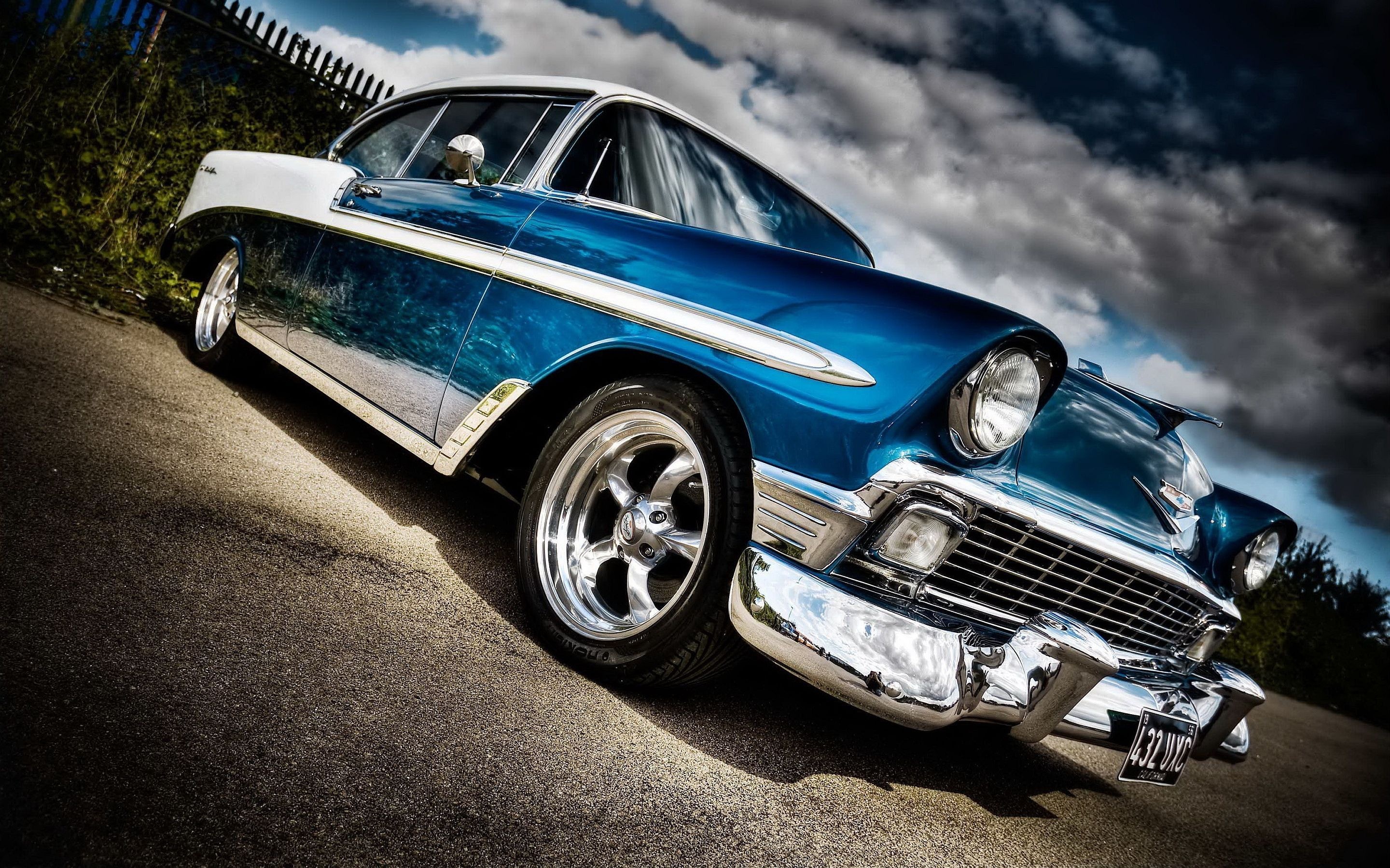 1956 Chevrolet Bel Air, 432 UXC license plate, polished chrome wheels, HD Desktop wallpaper