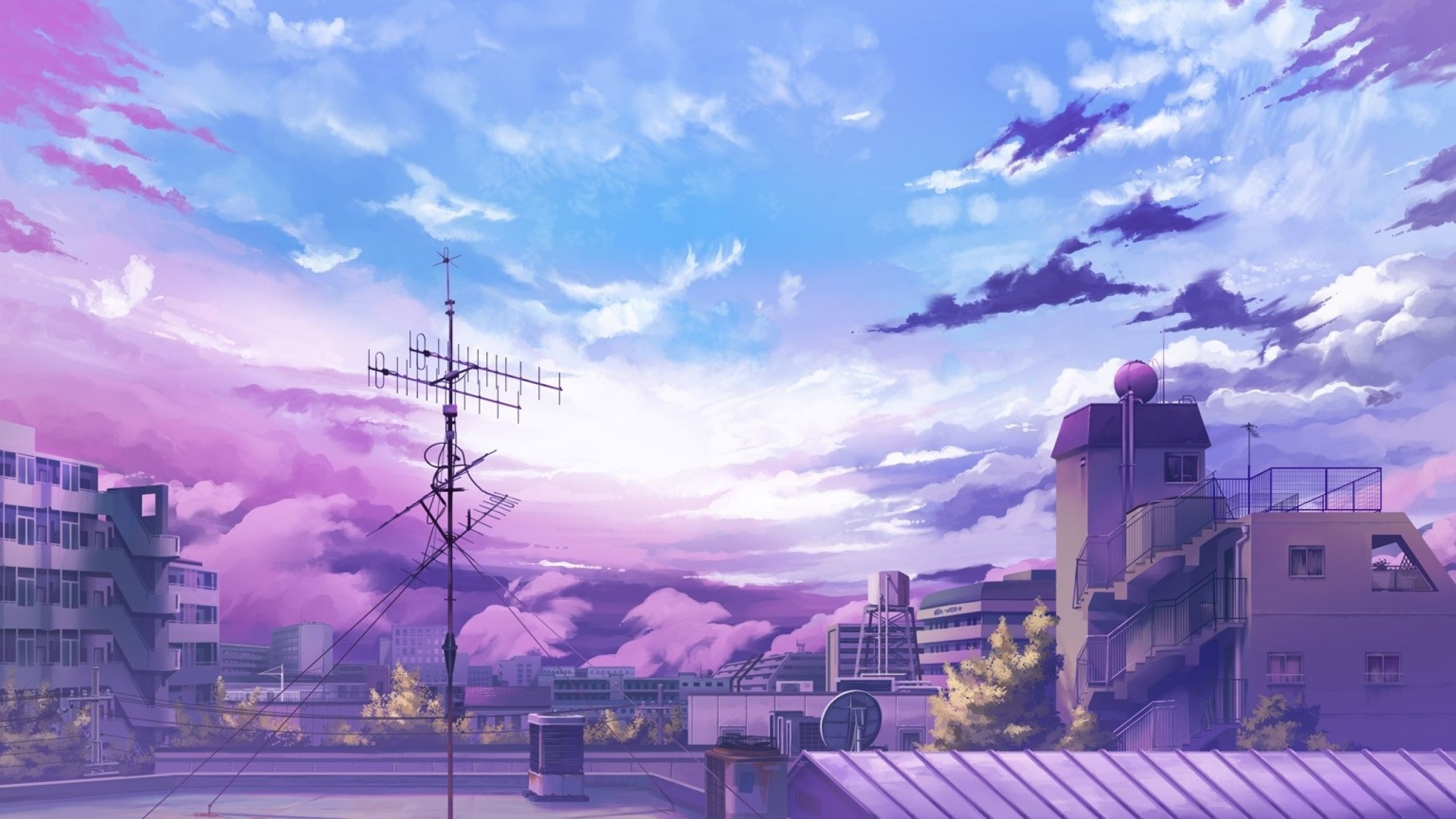 rooftop television antenna, Japanese urban rooftops, purple twilight sky clouds, HD Desktop wallpaper