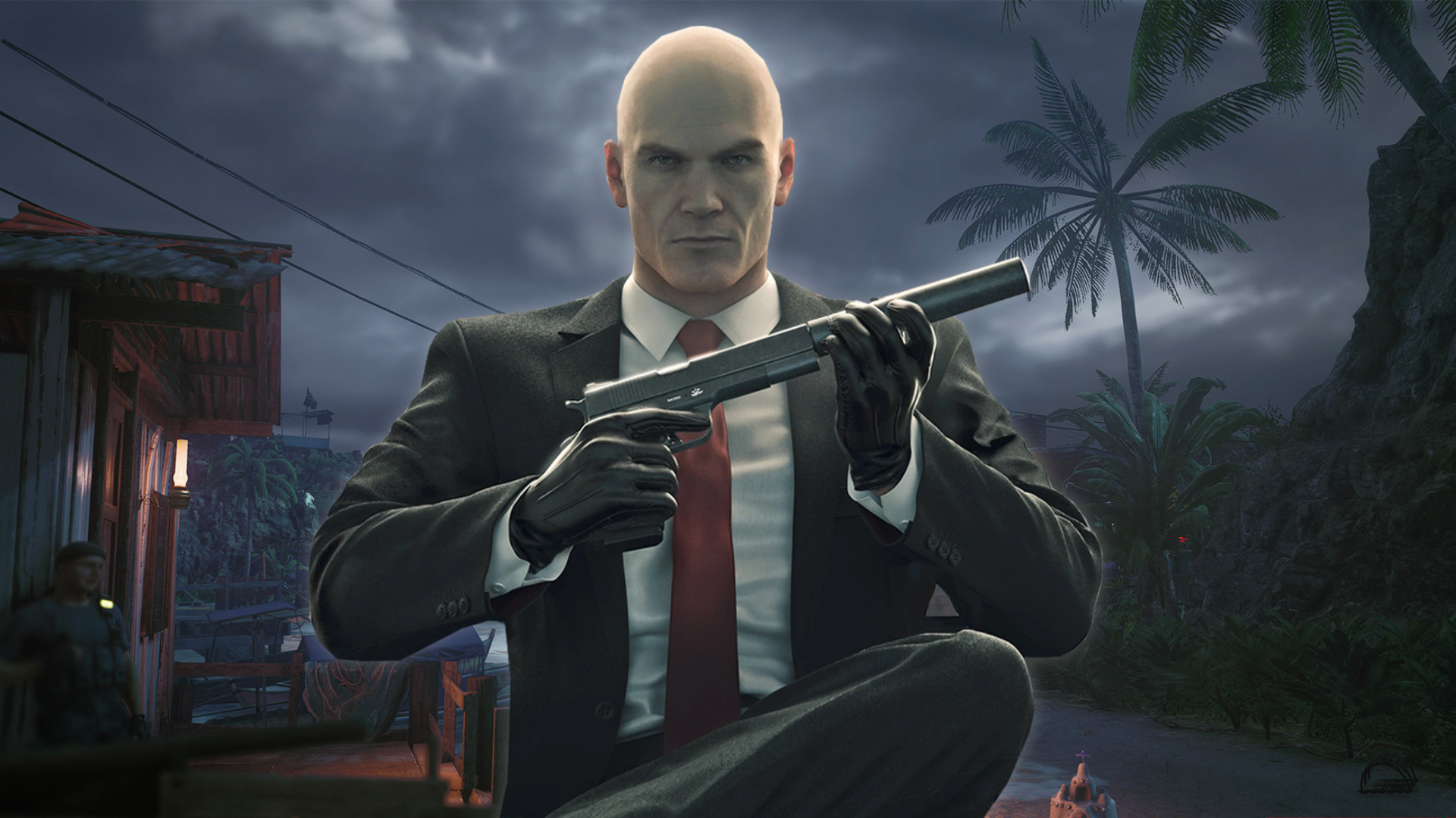 Agent 47, Suppressed Silverballer pistol, Santa Fortuna village, Full HD Desktop wallpaper