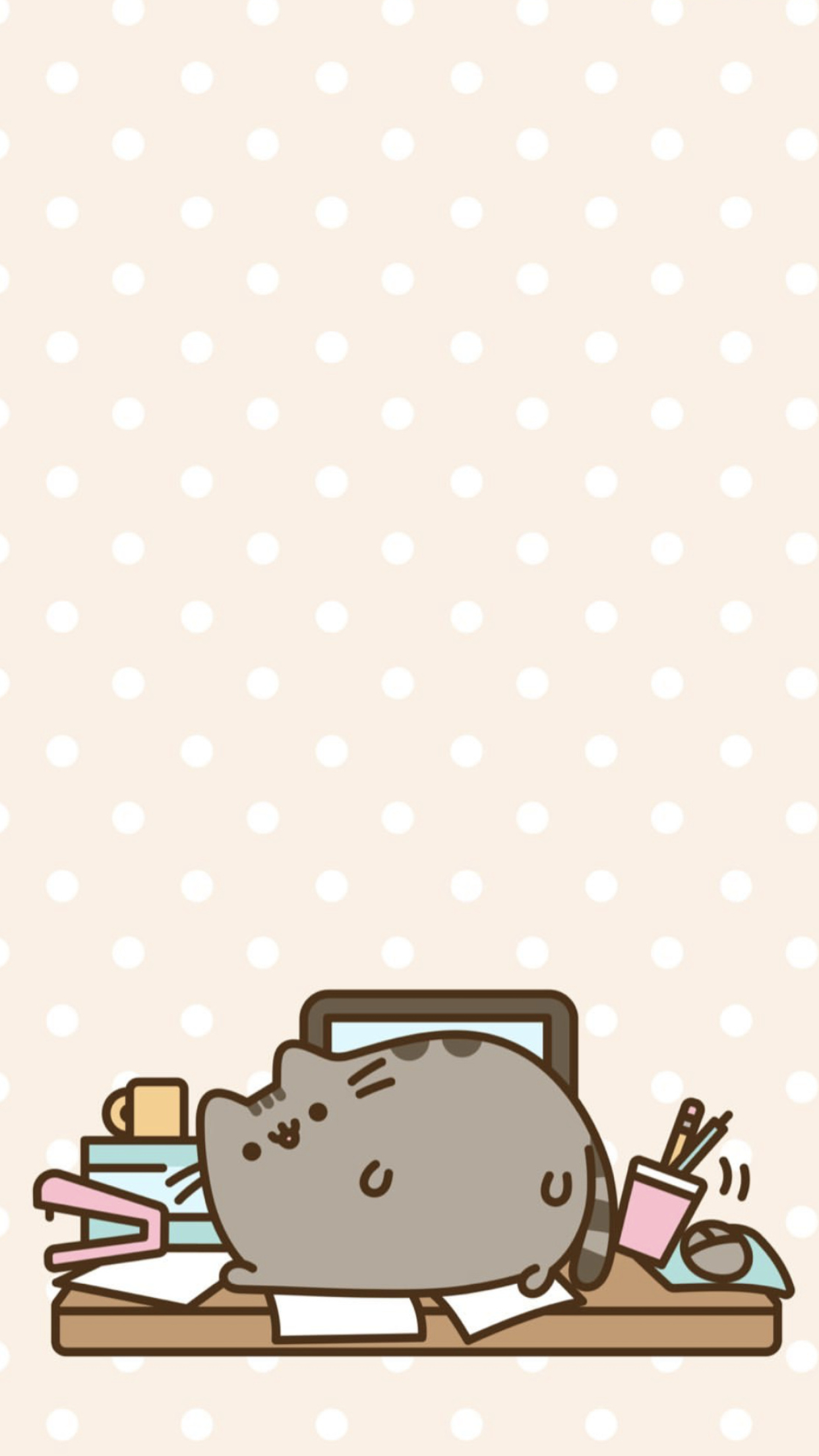 Pusheen the Cat, Cluttered office desk, Polka dot pattern, HD Phone wallpaper