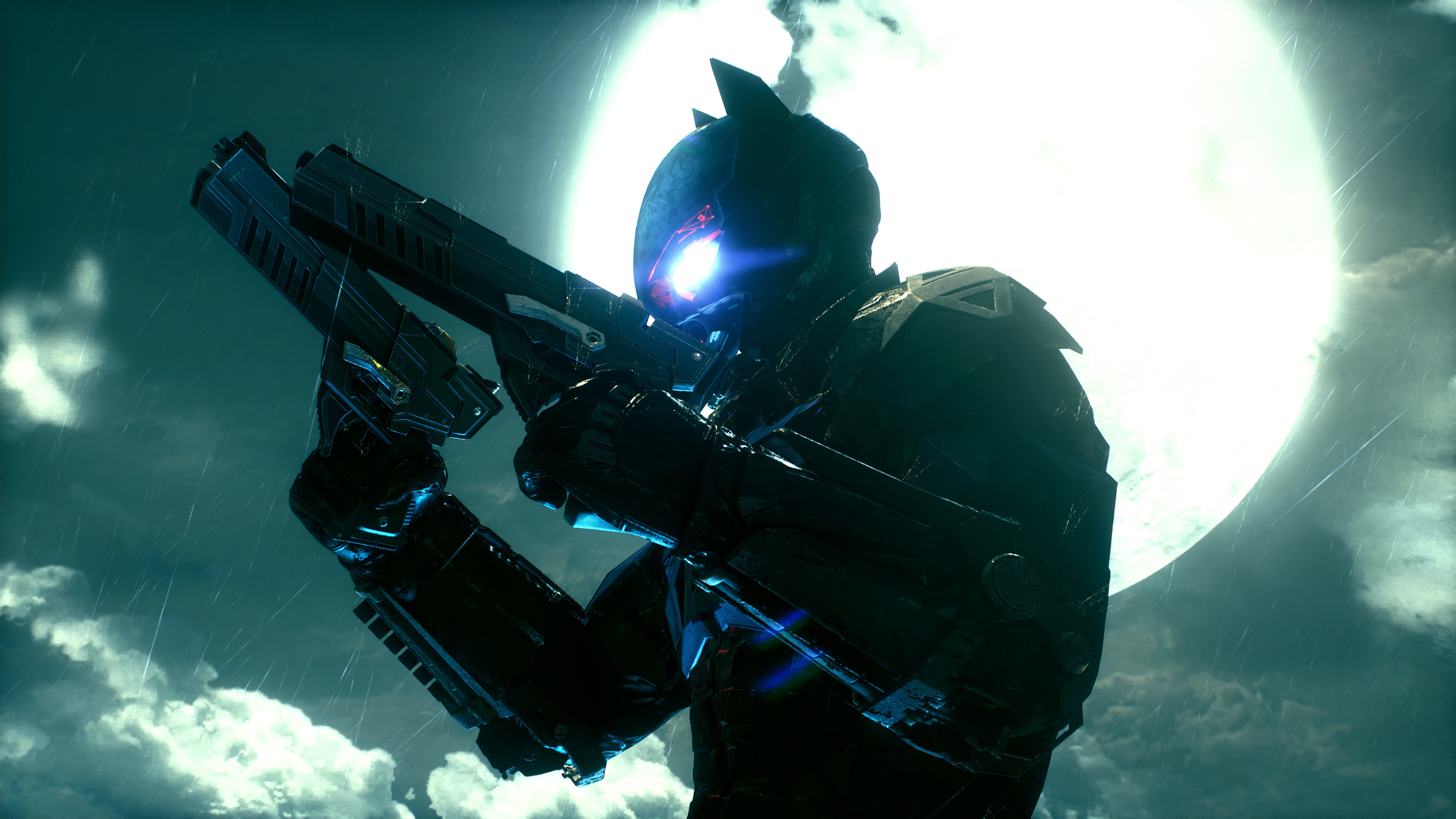 The Arkham Knight, Arkham Knight tactical armor, Glowing full moon, 4K Desktop wallpaper