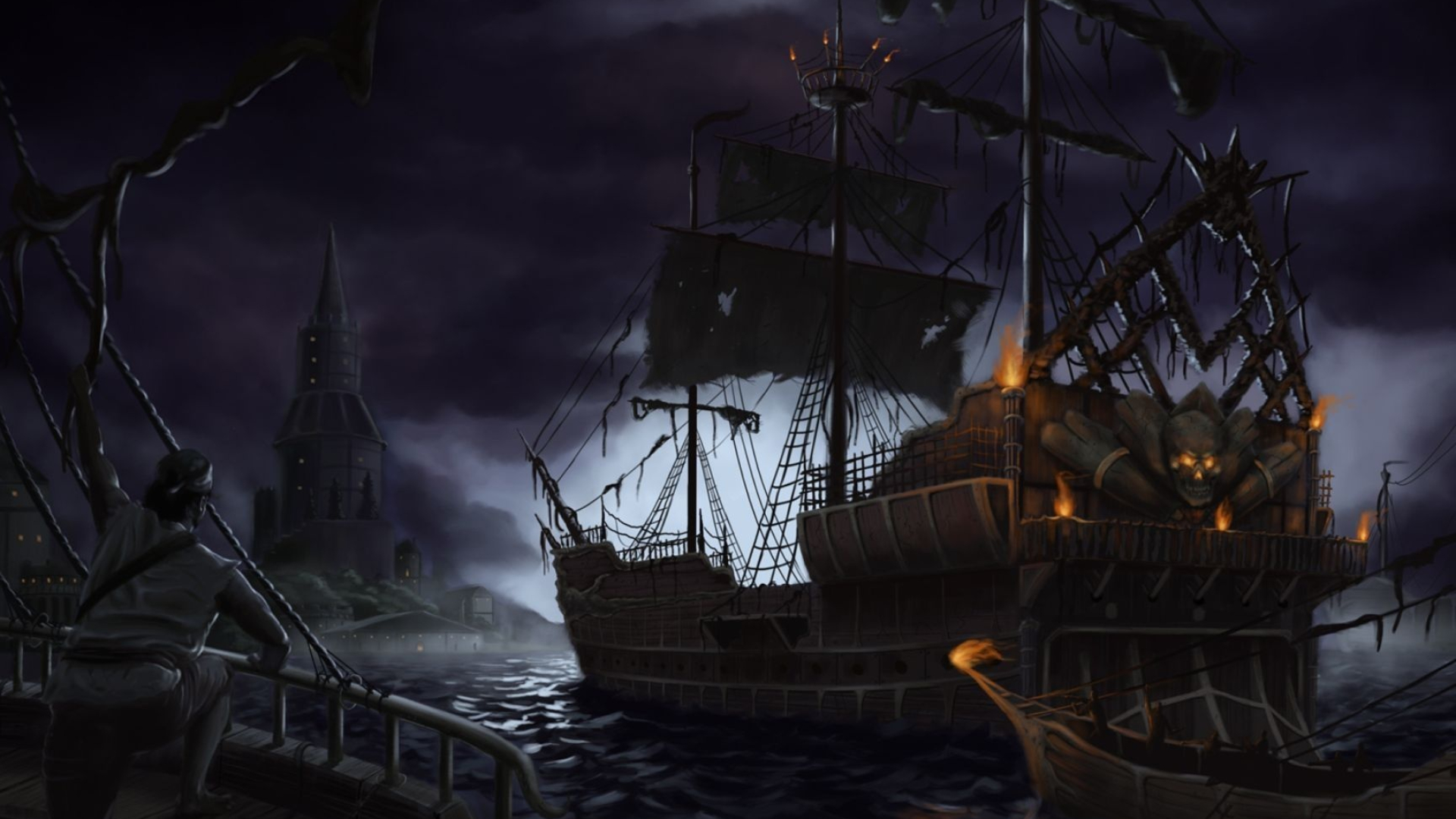 Haunted pirate galleon, Glowing skull stern, Coastal fortress tower, Full HD Desktop wallpaper