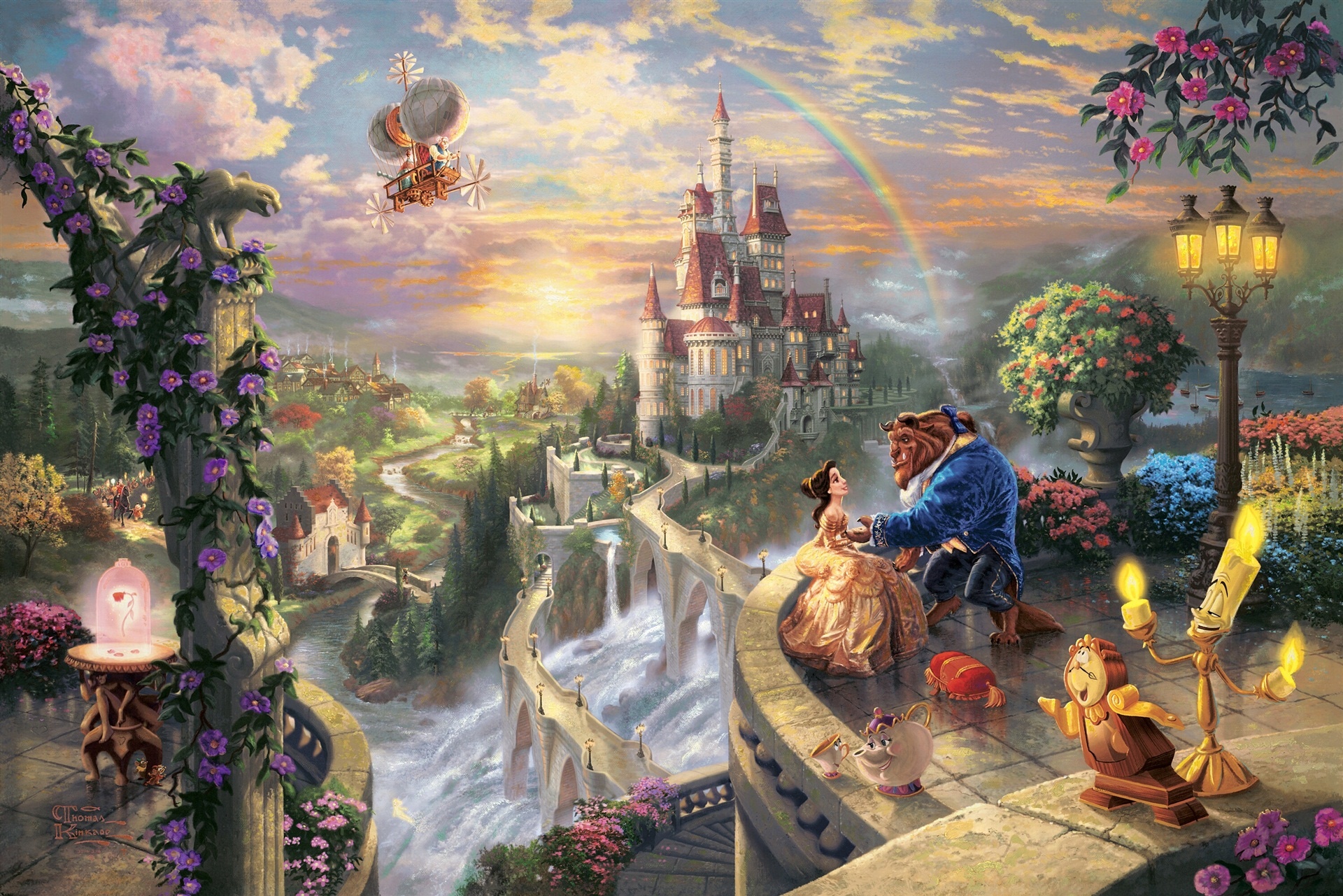 Belle and the Beast, The Beast's Castle, Lumiere and Cogsworth, Mrs Potts and Chip, The Enchanted Rose, HD Desktop wallpaper