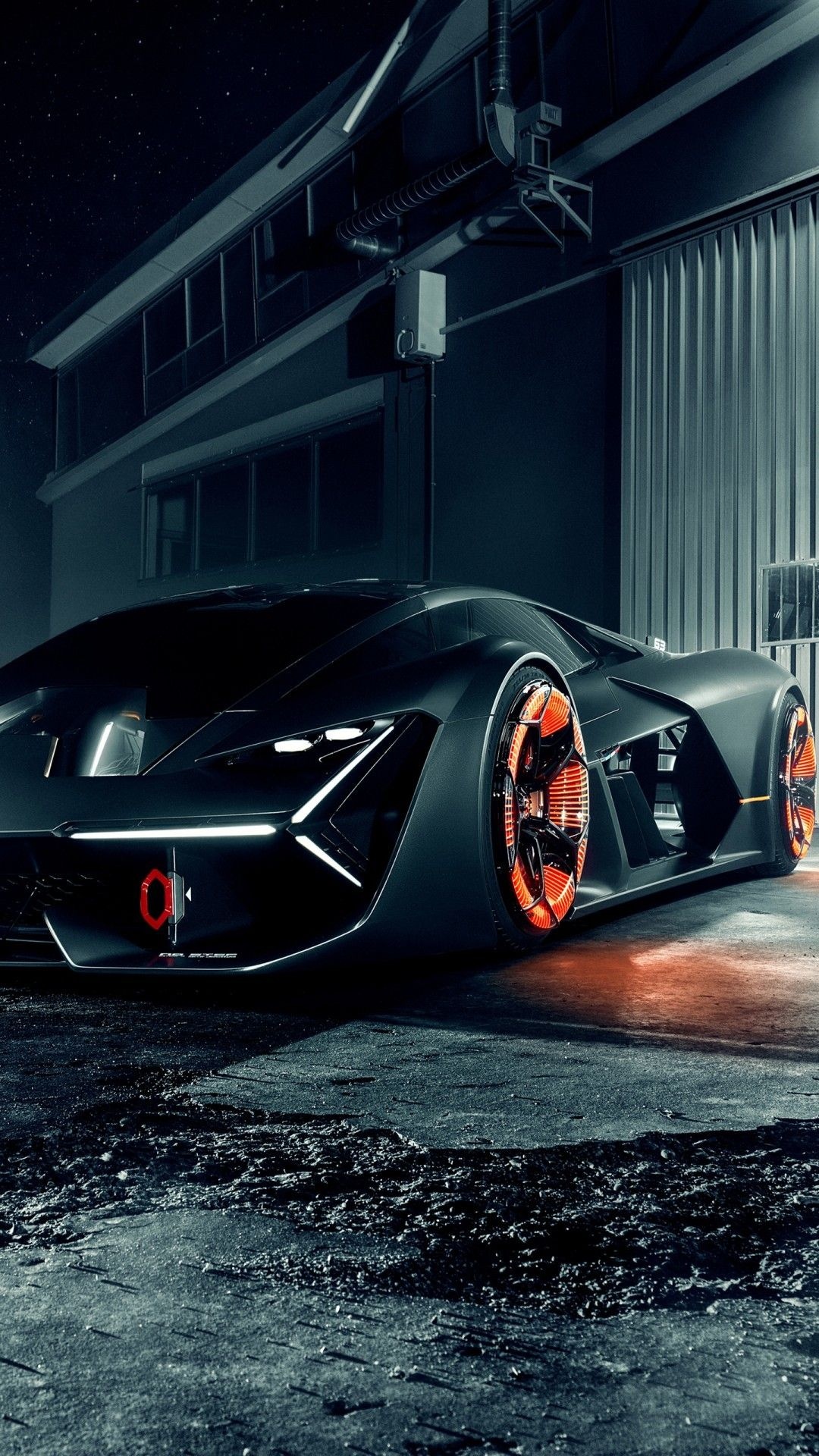 Lamborghini Terzo Millennio, glowing orange wheel rims, industrial warehouse at night, Full HD Phone wallpaper