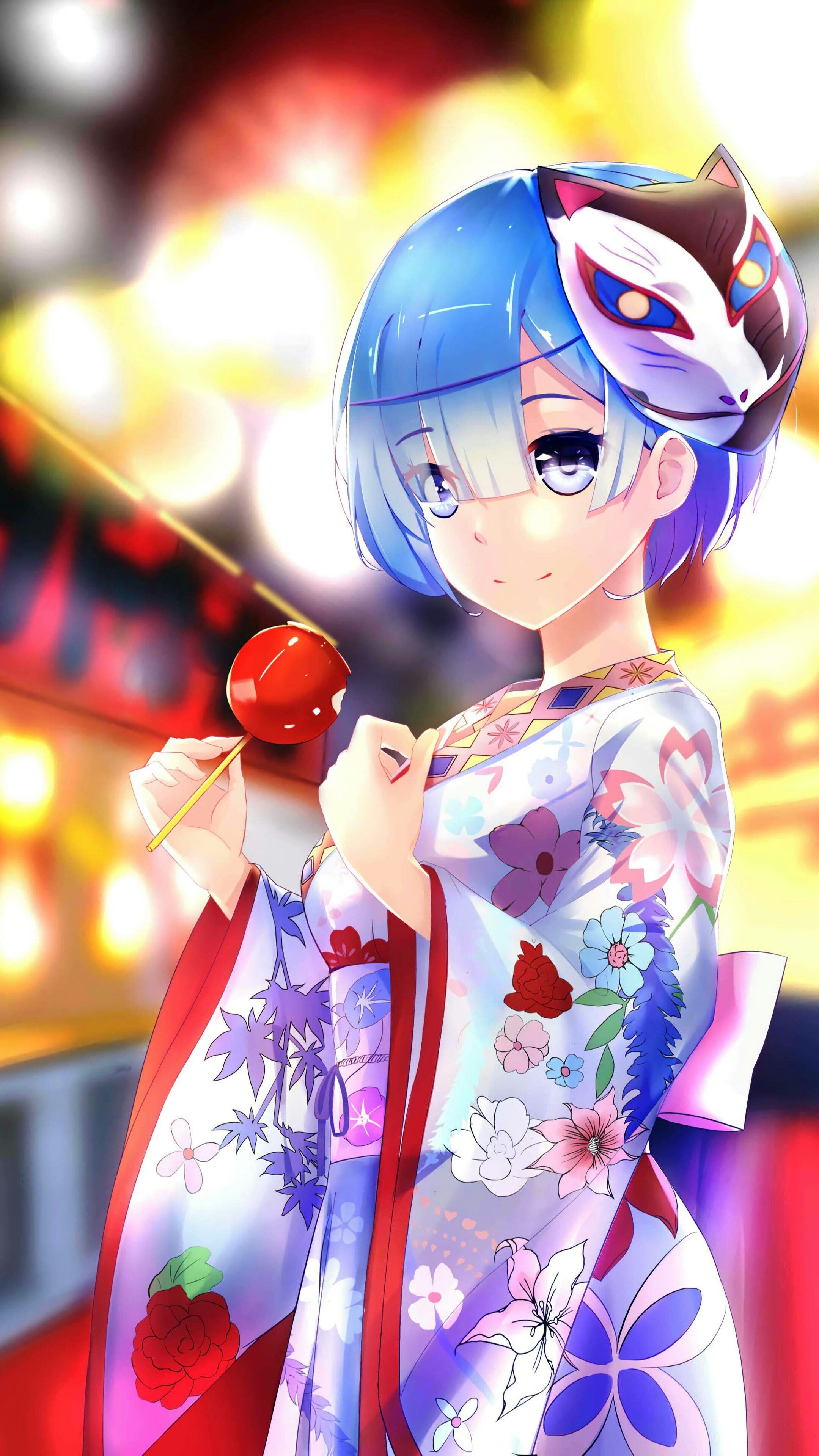 Rem from Re:Zero, Kitsune mask, Candied apple, HD Phone wallpaper