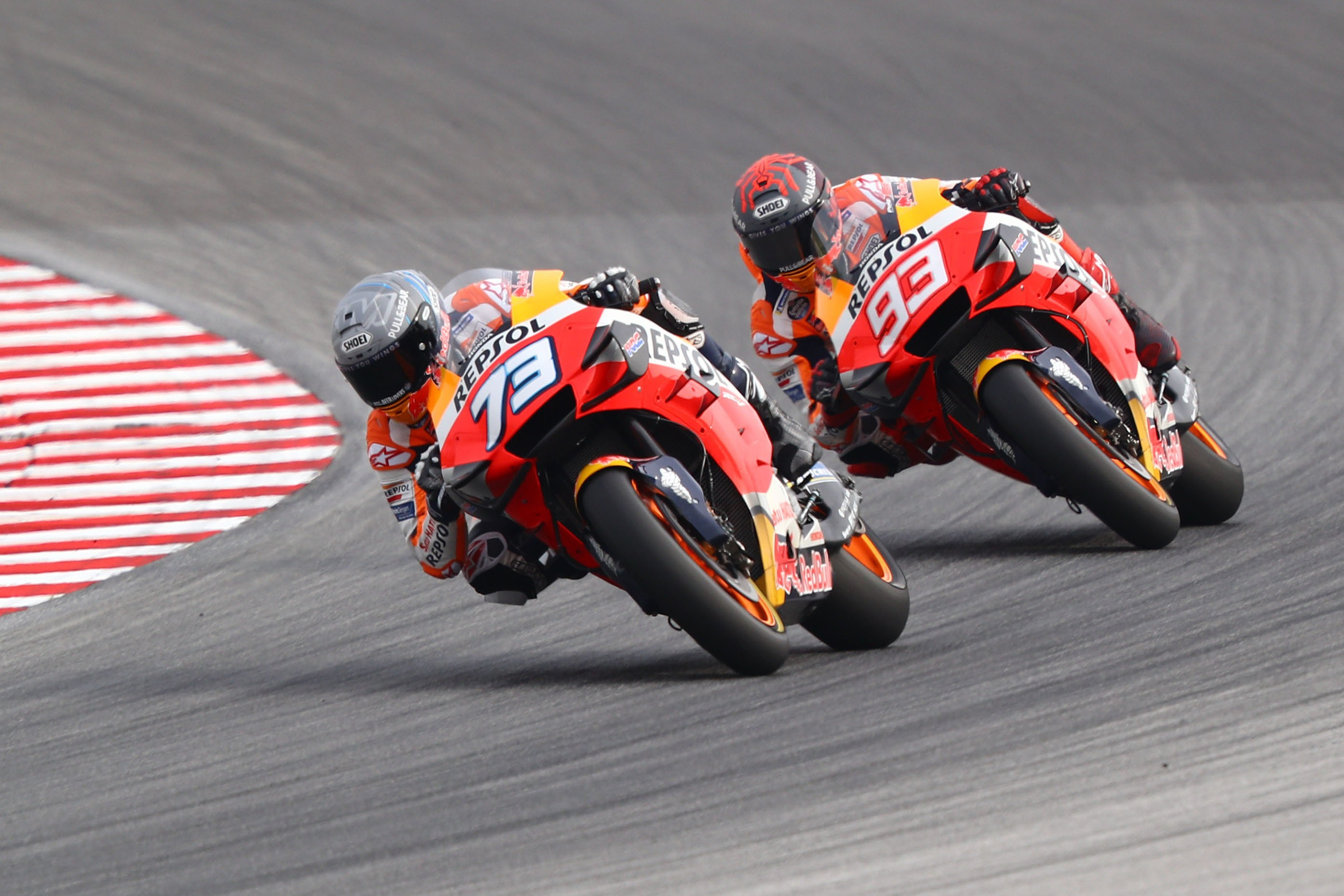 Alex Marquez number 73, Marc Marquez number 93, Repsol Honda RC213V pair, MotoGP corner apex kerb, HD Desktop wallpaper