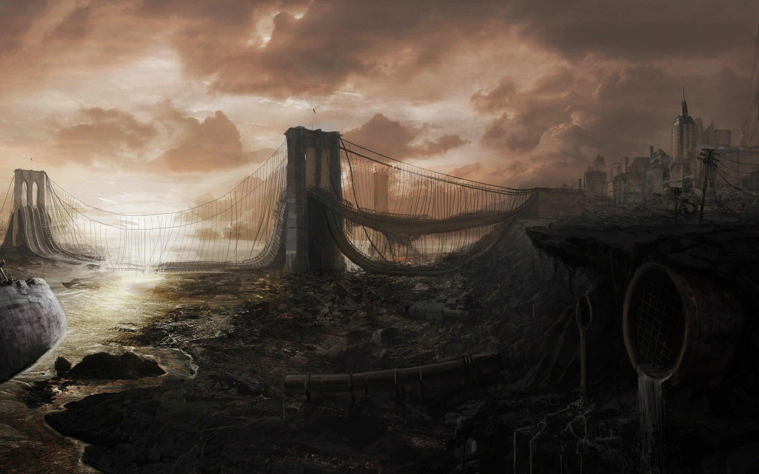 Post-apocalyptic art, City in ruins, Dystopian landscapes, Artistic portrayal, 2560x1600 HD Desktop