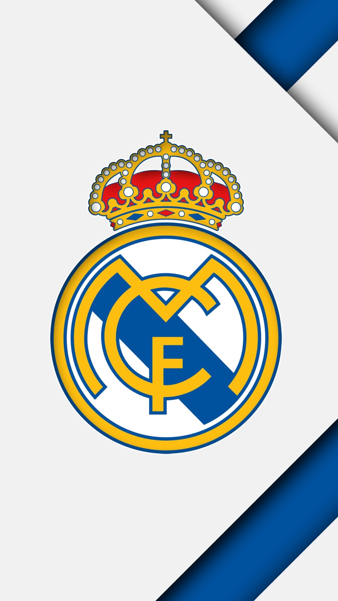 Real Madrid CF crest, Spanish royal crown emblem, blue diagonal geometric stripes, Full HD Phone wallpaper
