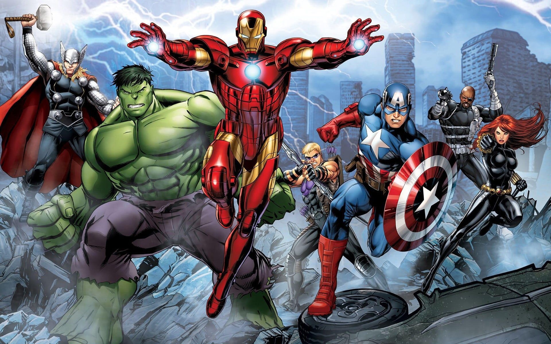 Iron Man, Captain America, The Incredible Hulk, Thor holding Mjolnir, Black Widow and Hawkeye, HD Desktop wallpaper