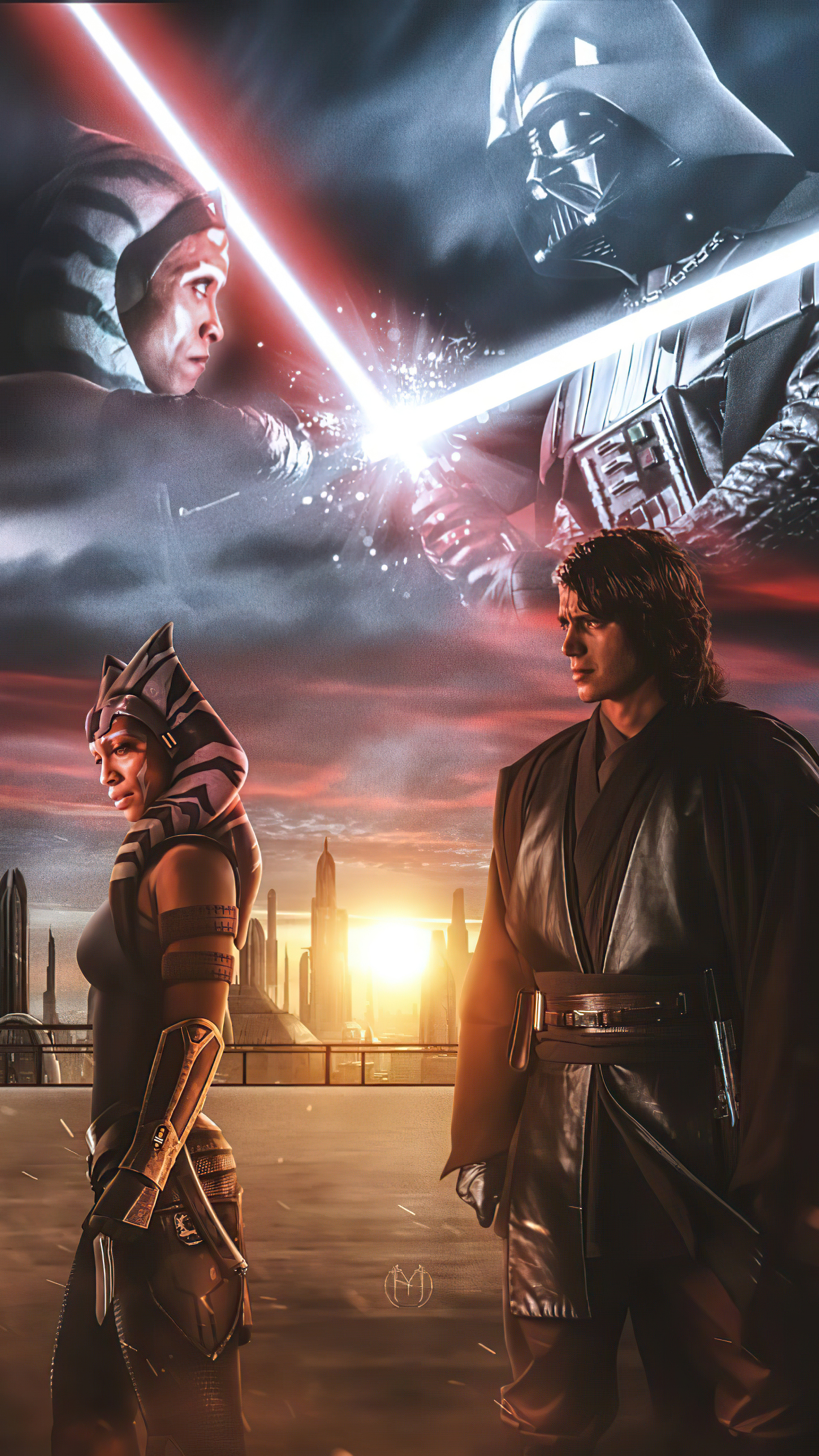 Anakin Skywalker, Ahsoka Tano, Darth Vader, Coruscant cityscape sunset, Clashing lightsabers duel, 4K Phone wallpaper