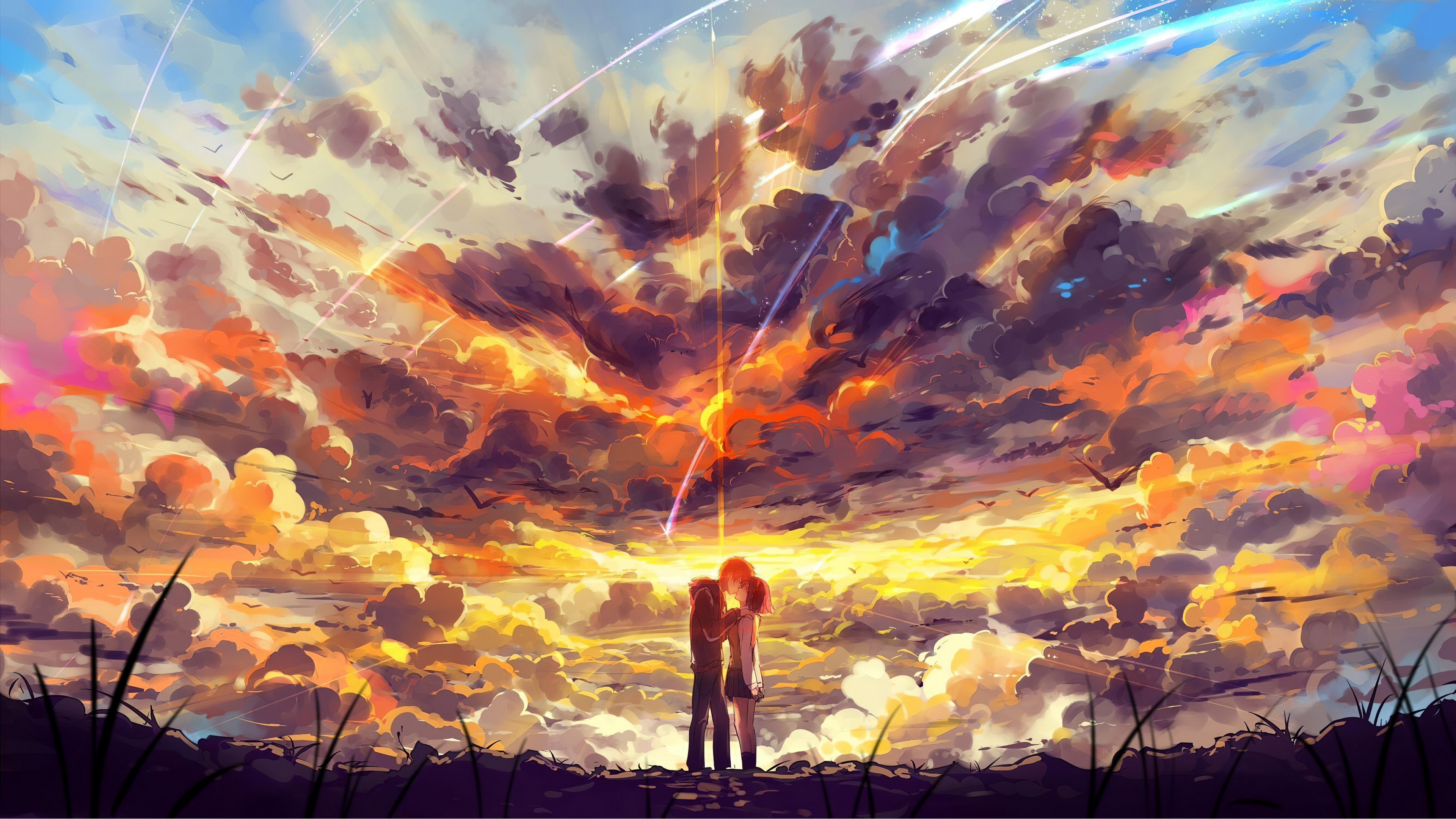 Taki and Mitsuha, Your Name anime, Tiamat comet trails, 4K Desktop wallpaper