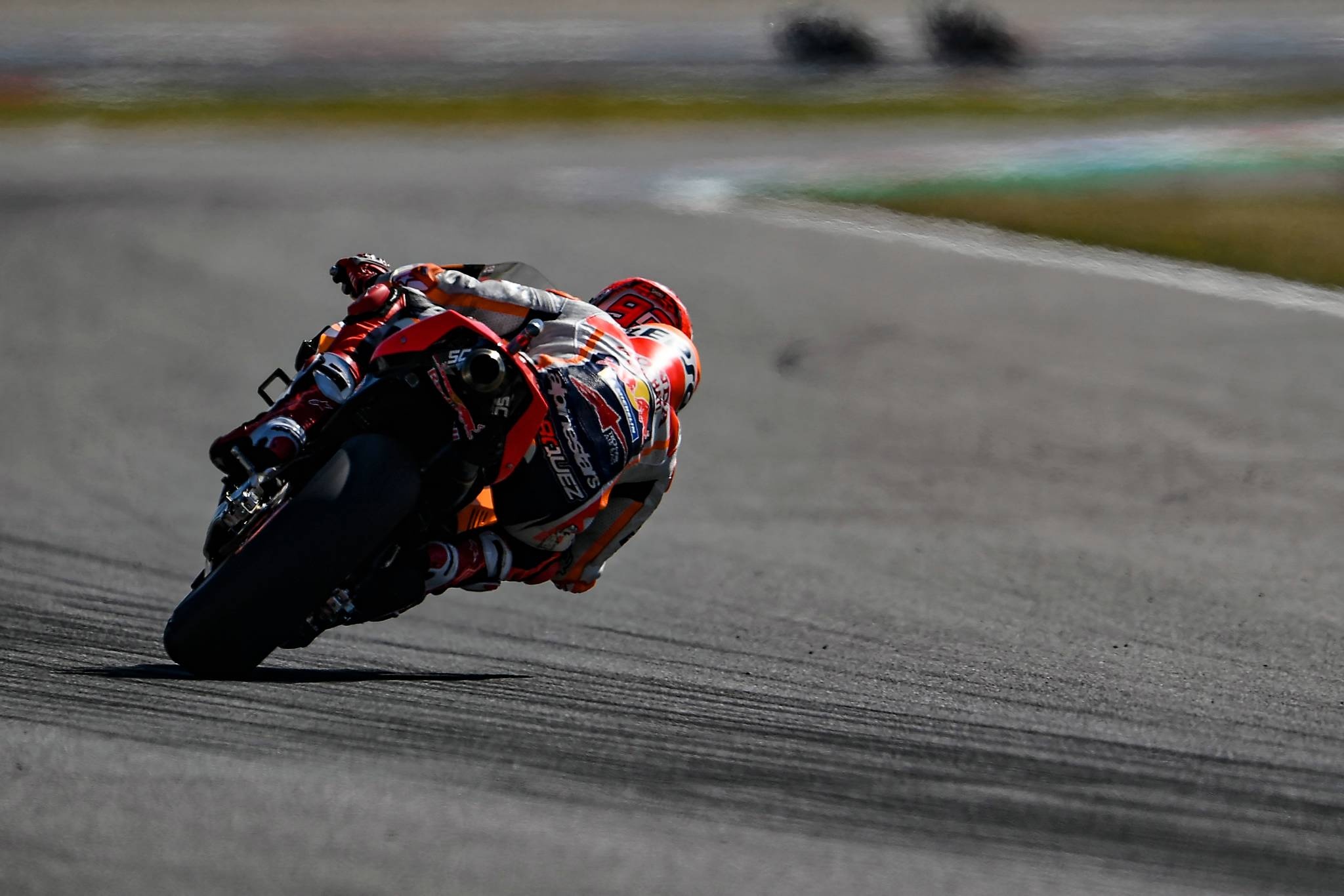 Marc Marquez Repsol Honda RC213V, Orange Repsol race leathers, MotoGP backlit corner exit, HD Desktop wallpaper