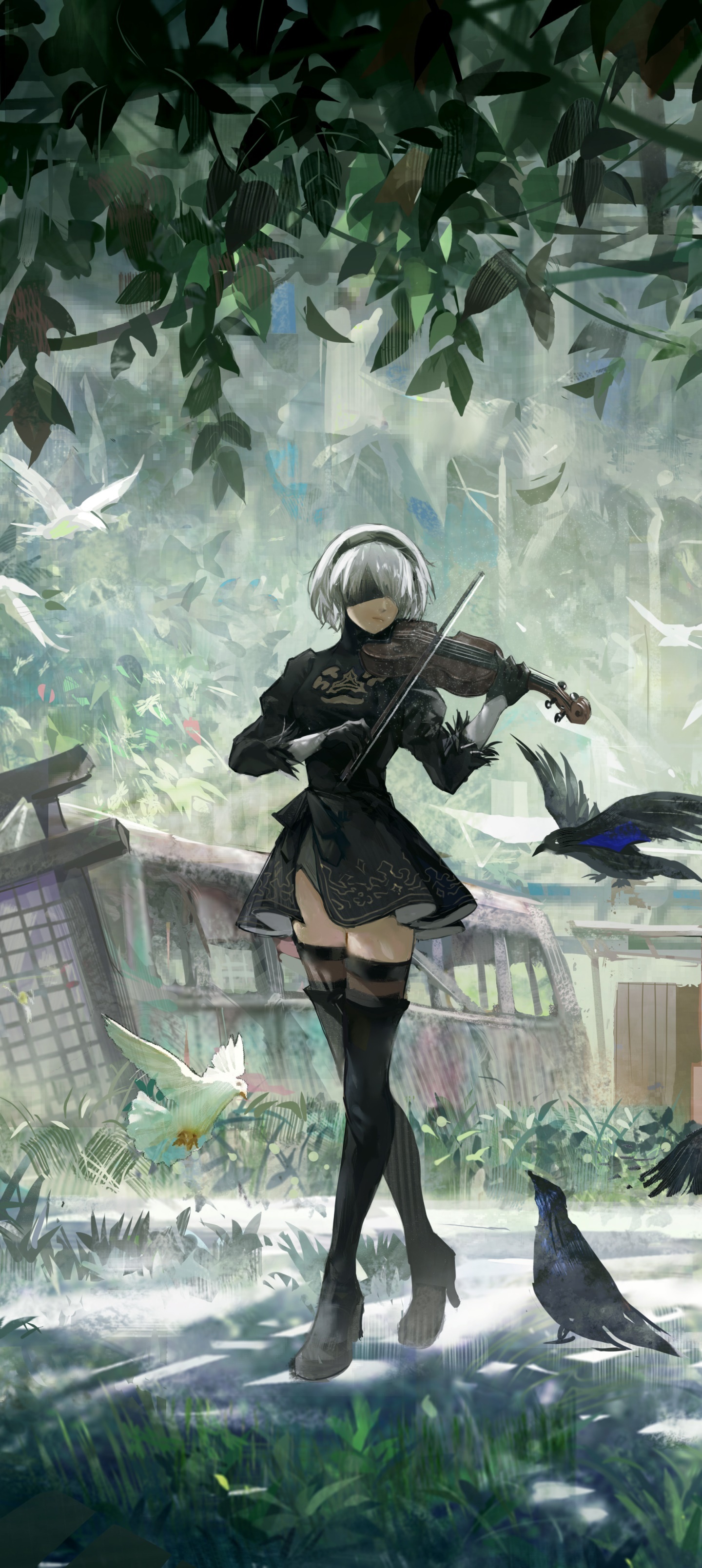 2B playing violin, NieR:Automata, Overgrown forest ruins, HD Phone wallpaper