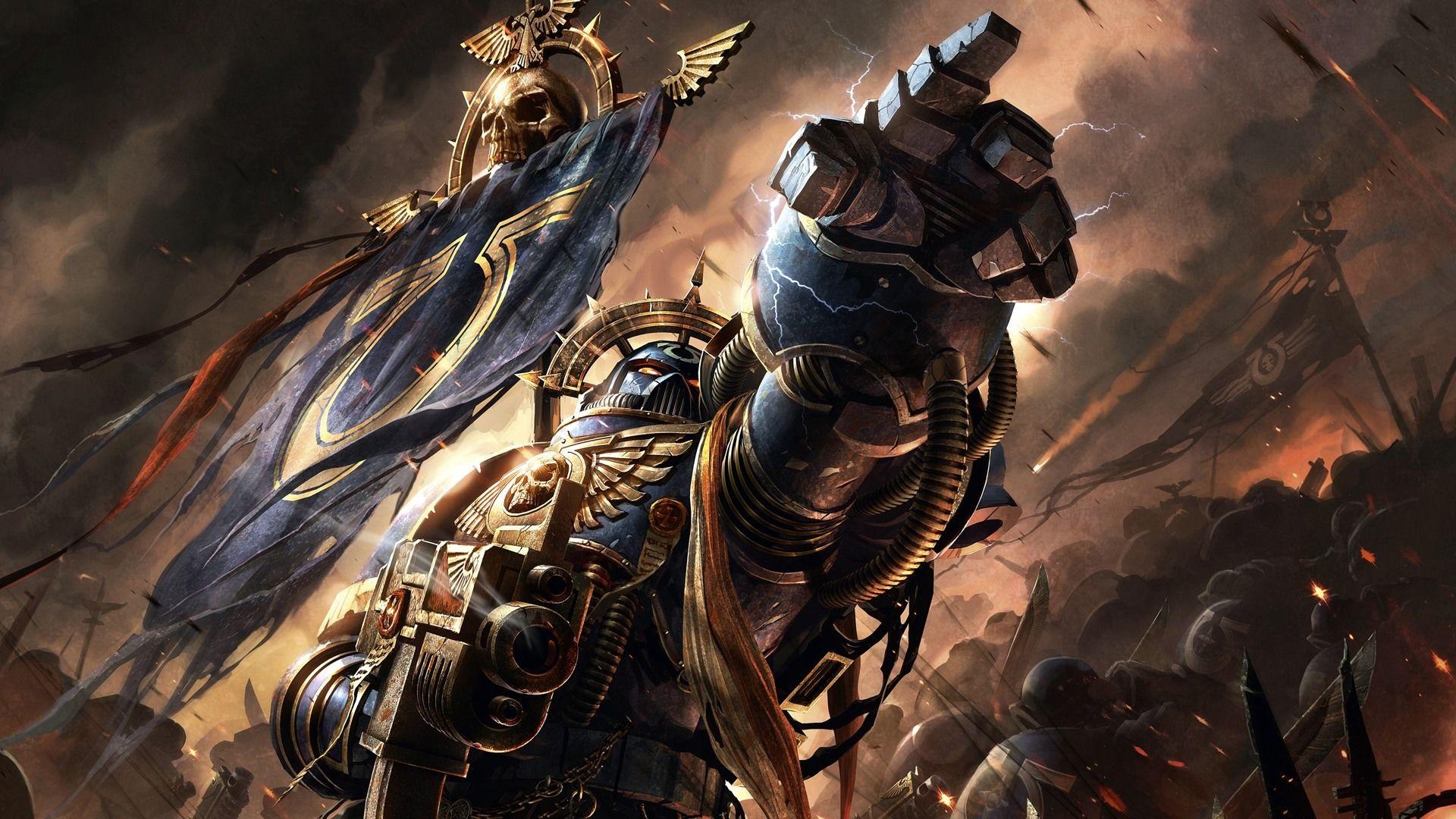 Ultramarines Space Marine, Ultramarines Chapter banner, Electrified Power Fist, Full HD Desktop wallpaper