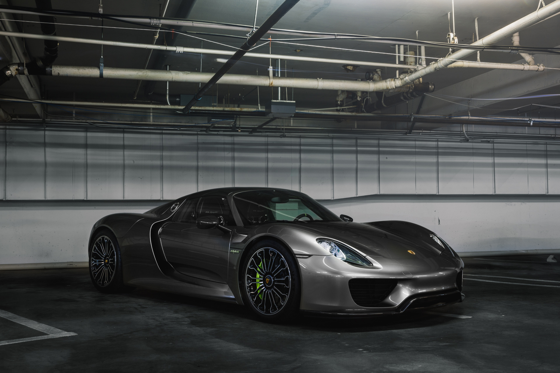 Porsche 918 Spyder, Underground parking garage, Acid green brake calipers, HD Desktop wallpaper