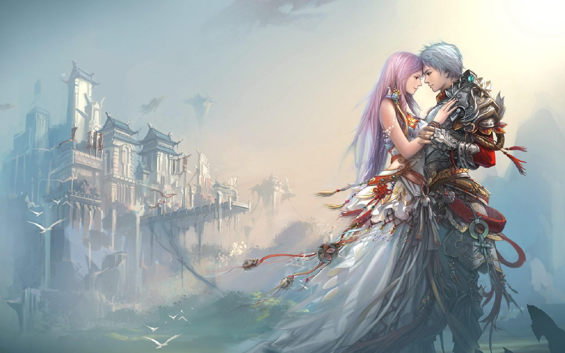 embracing fantasy anime couple, silver-haired armored warrior, floating celestial pagoda fortress, HD Desktop wallpaper