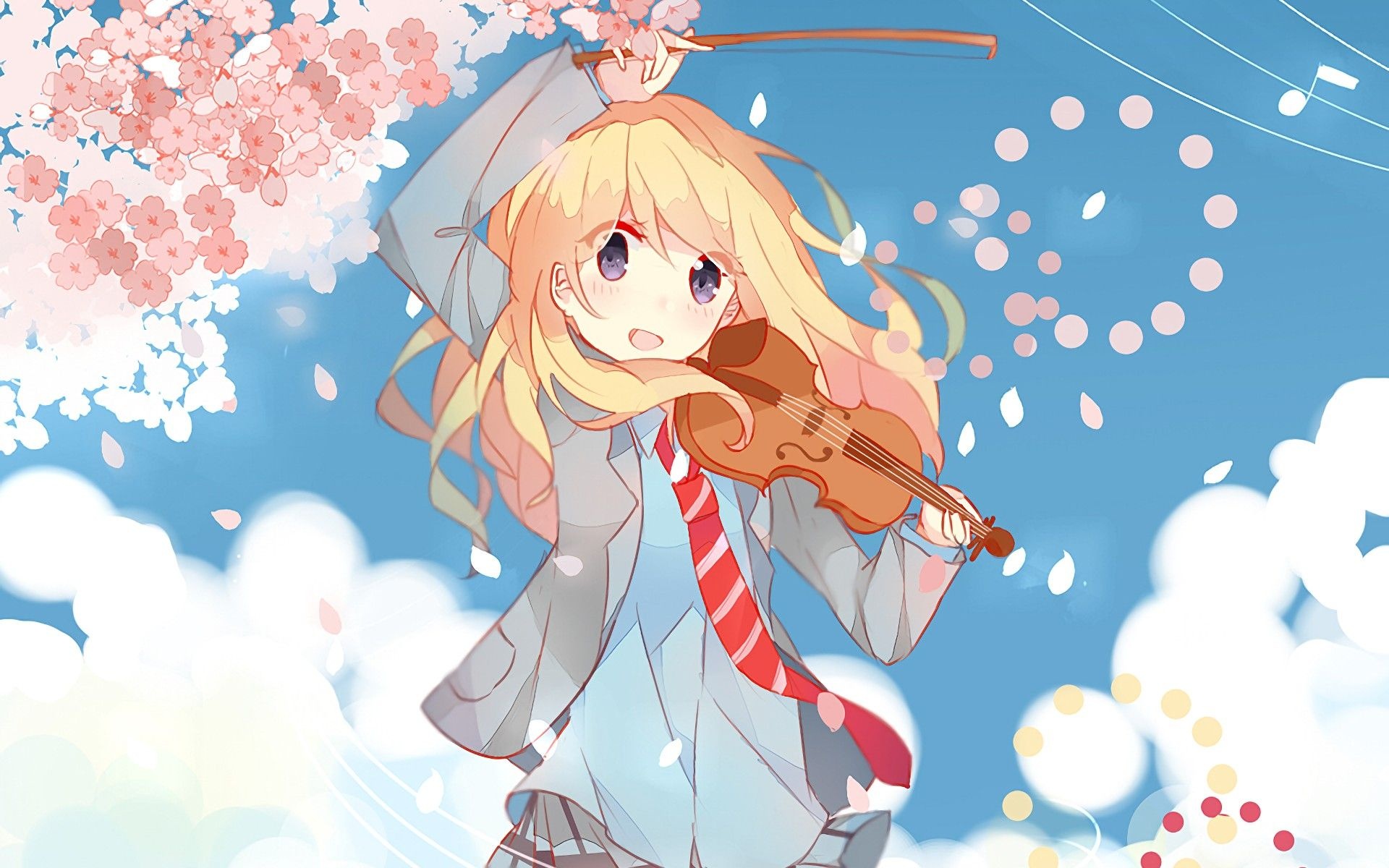 Kaori Miyazono, Violin with bow, Cherry blossom petals, HD Desktop wallpaper