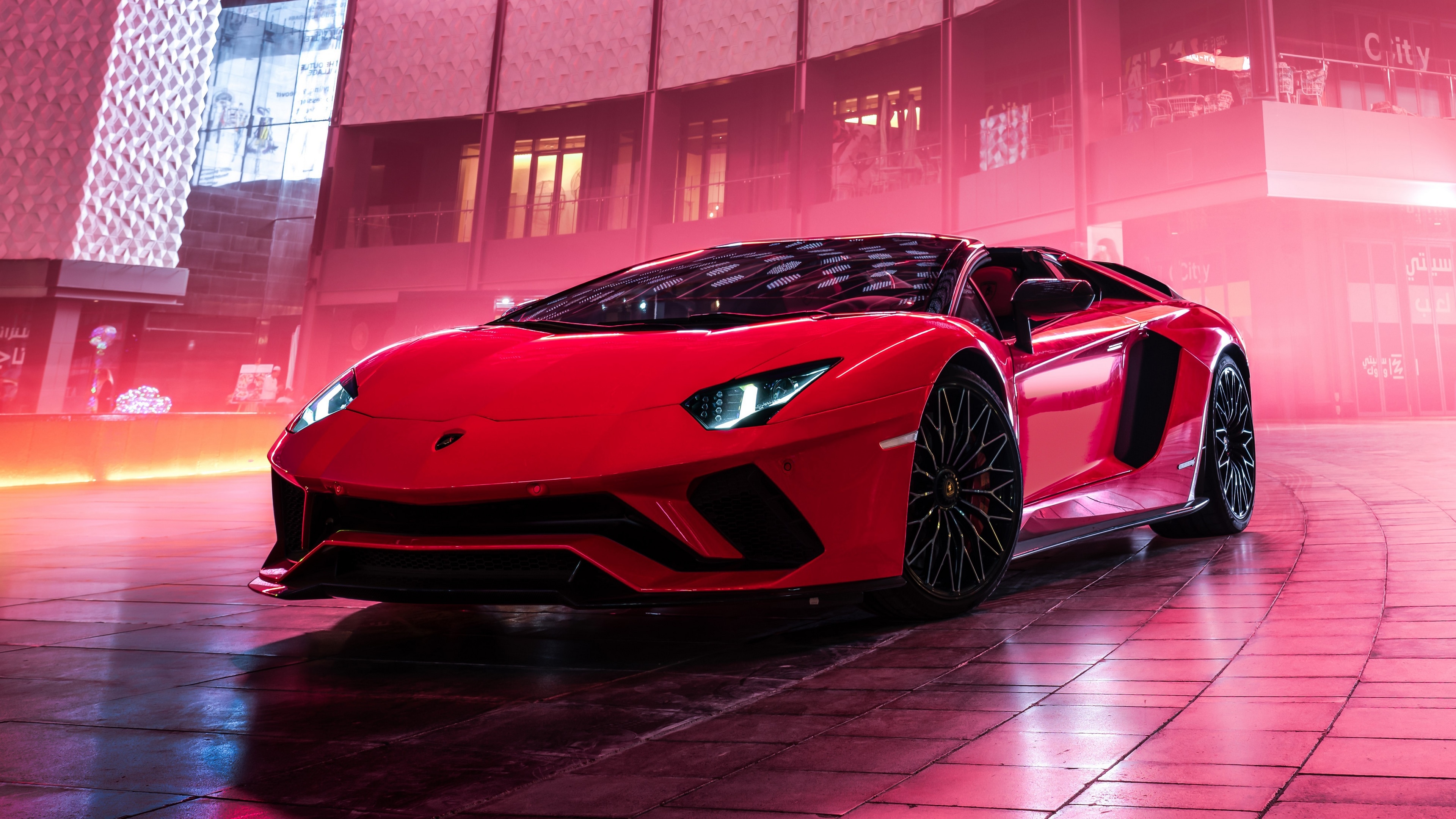 Lamborghini Aventador S Roadster, wet tiled urban courtyard, magenta neon lighting, 4K Desktop wallpaper