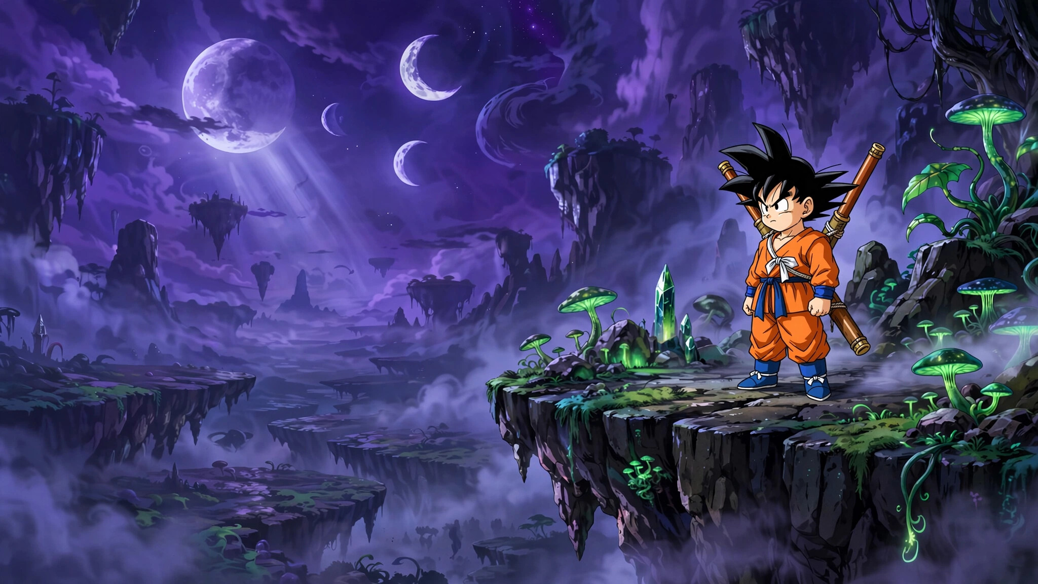 Kid Goku, Power Pole, Floating island, Demon realm, Purple sky and moons, Glowing green flora, Dragon Ball Daima, HD Desktop wallpaper