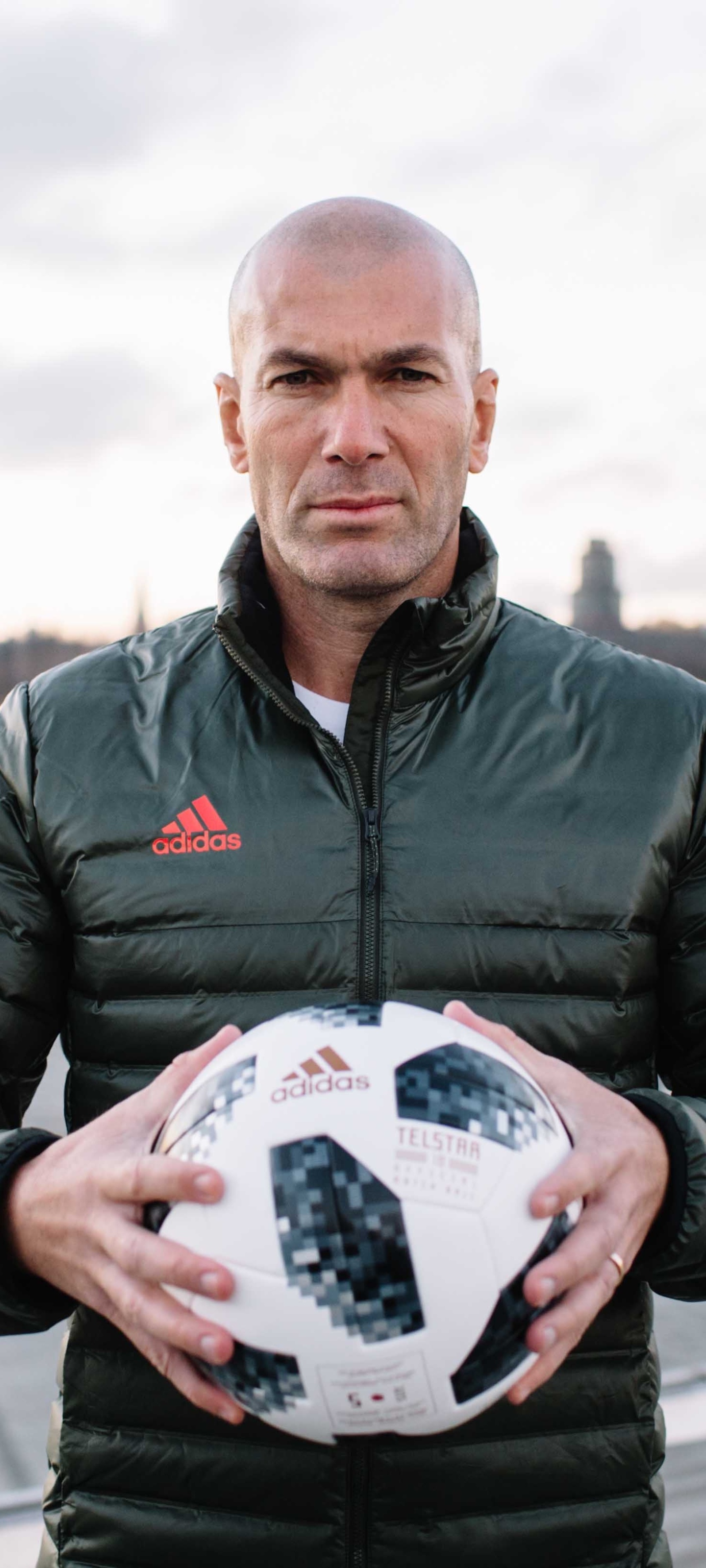 Zinedine Zidane, Adidas Telstar 18 ball, Green Adidas puffer jacket, HD Phone wallpaper