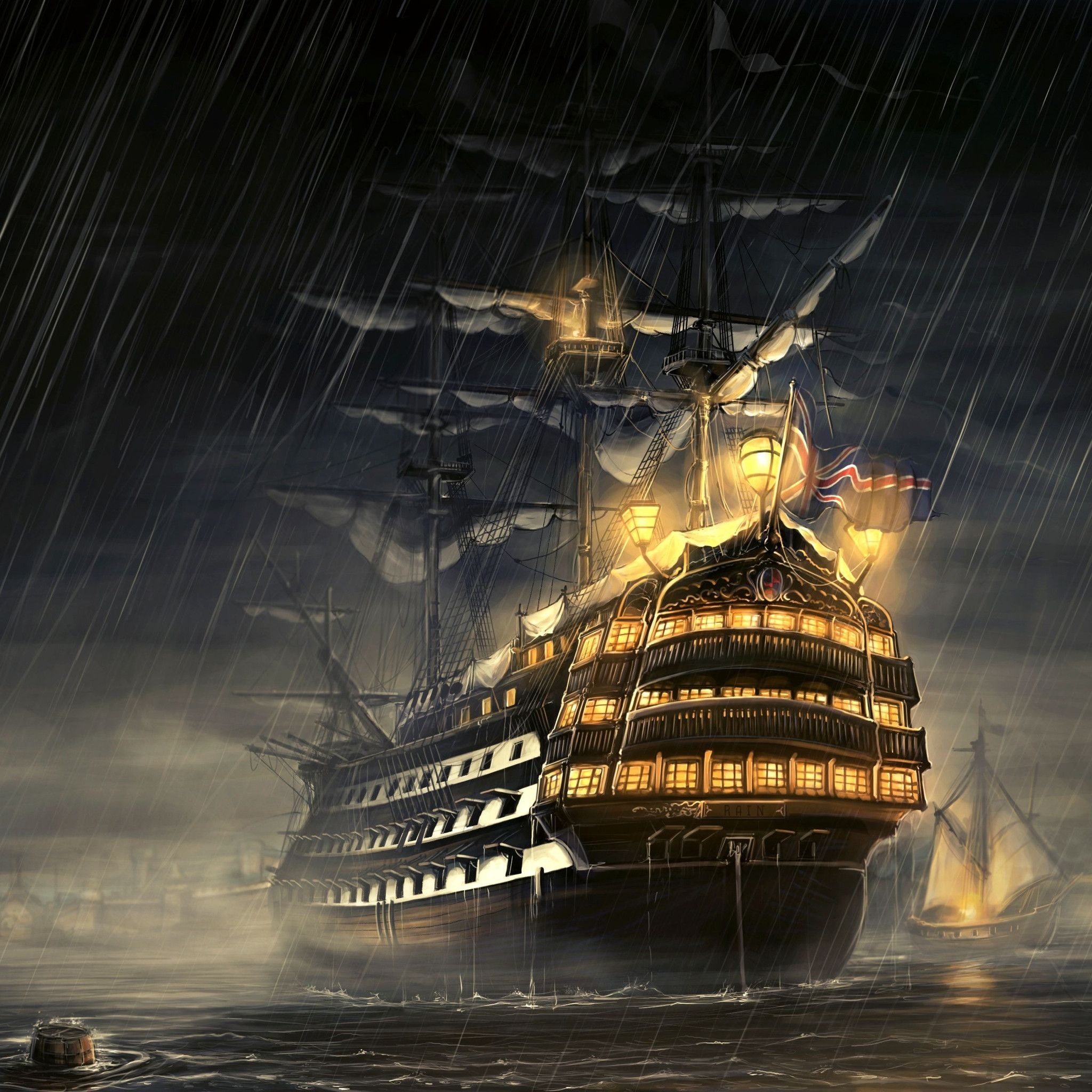 Royal Navy ship of the line, Glowing stern gallery windows, Night ocean rainstorm, HD Phone wallpaper