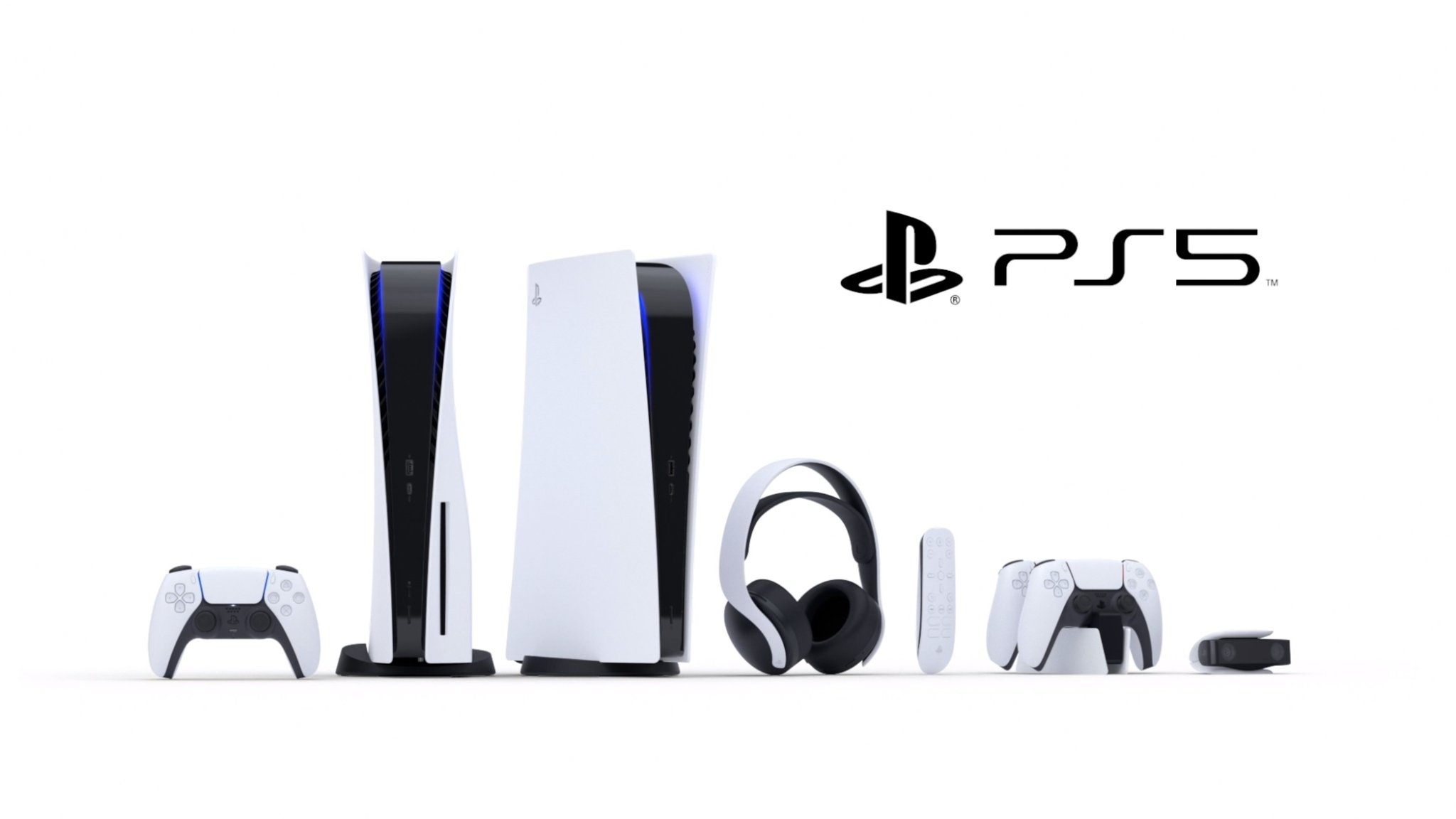 PlayStation 5 console lineup, DualSense wireless controller, Pulse 3D wireless headset, PS5 Media Remote, PS5 logo lettering, HD Desktop wallpaper