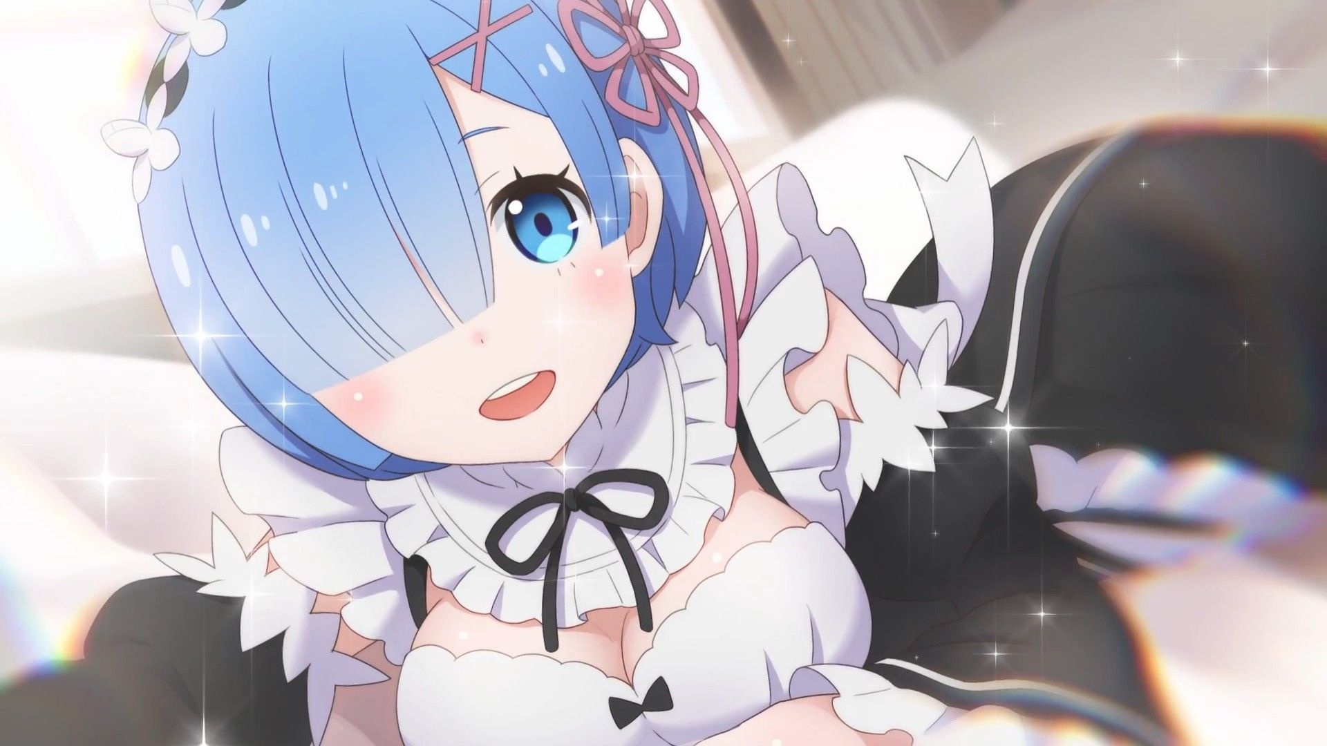 Rem from Re:Zero, Frilled maid outfit, Sparkling light effects, Full HD Desktop wallpaper