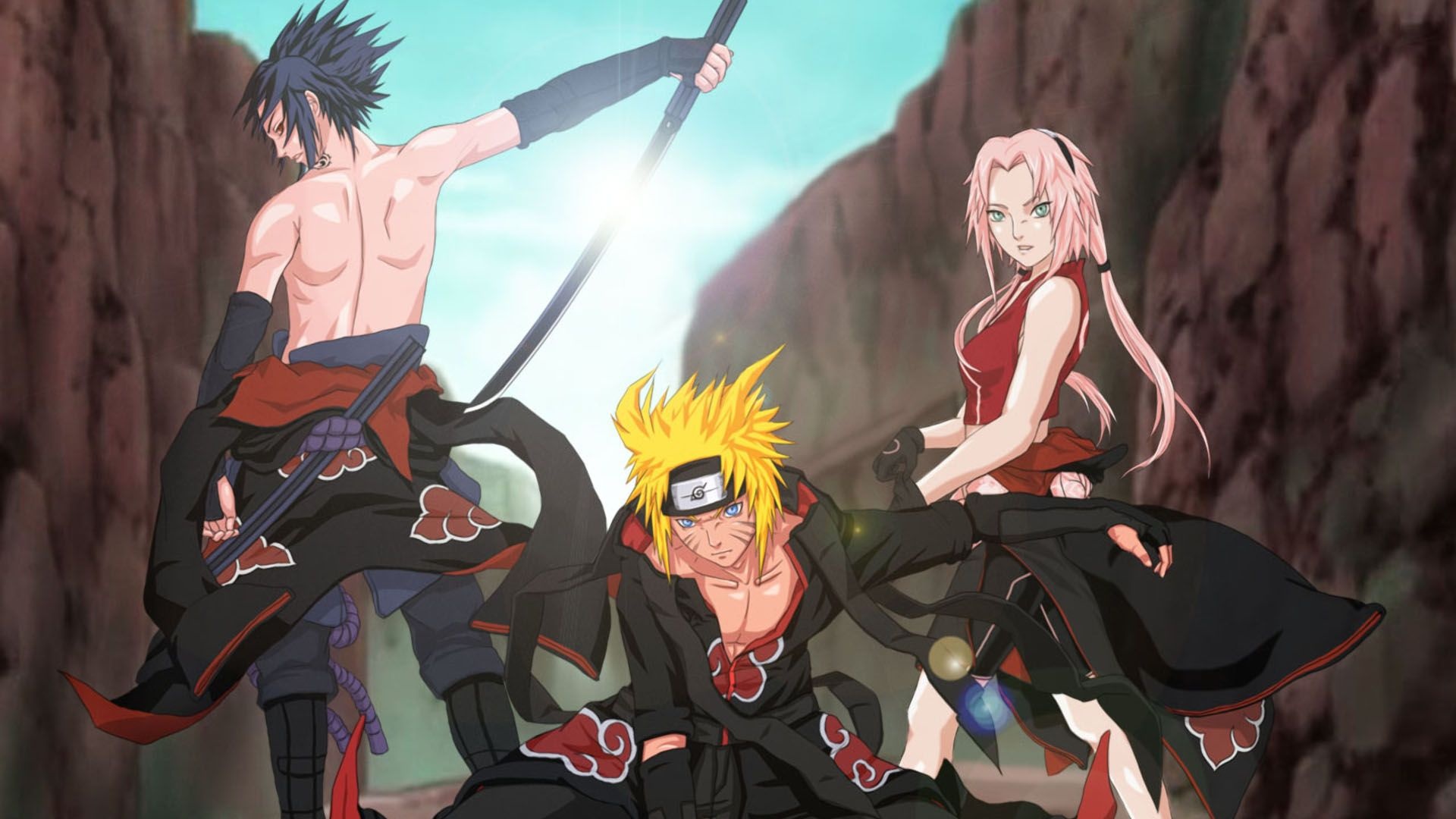 Sasuke Uchiha, Naruto Uzumaki, Sakura Haruno, Akatsuki cloak, Full HD Desktop wallpaper