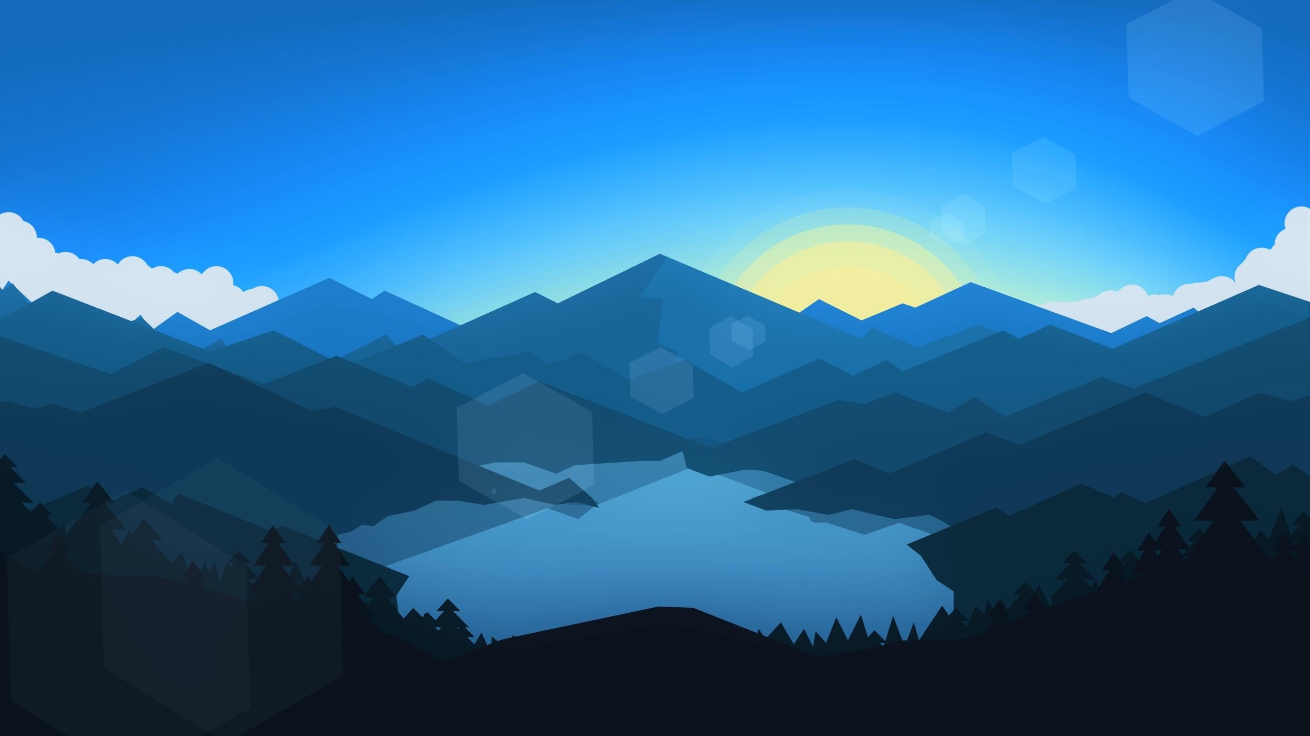blue vector mountains, minimalist mountain lake, rising sun lens flare, HD Desktop wallpaper