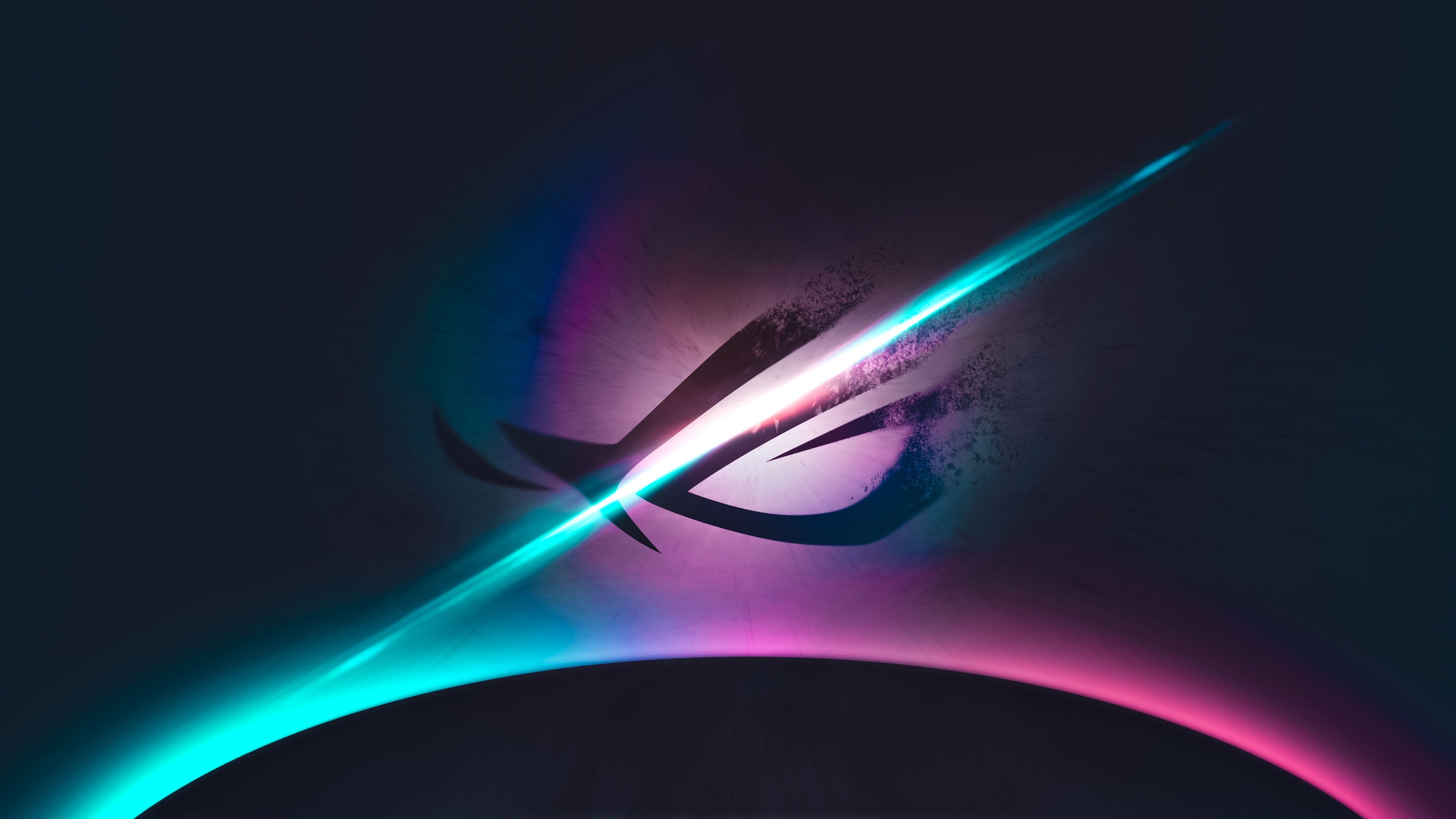 ASUS Republic of Gamers logo, Teal and magenta light streak, Dark gradient backdrop, 4K Desktop wallpaper