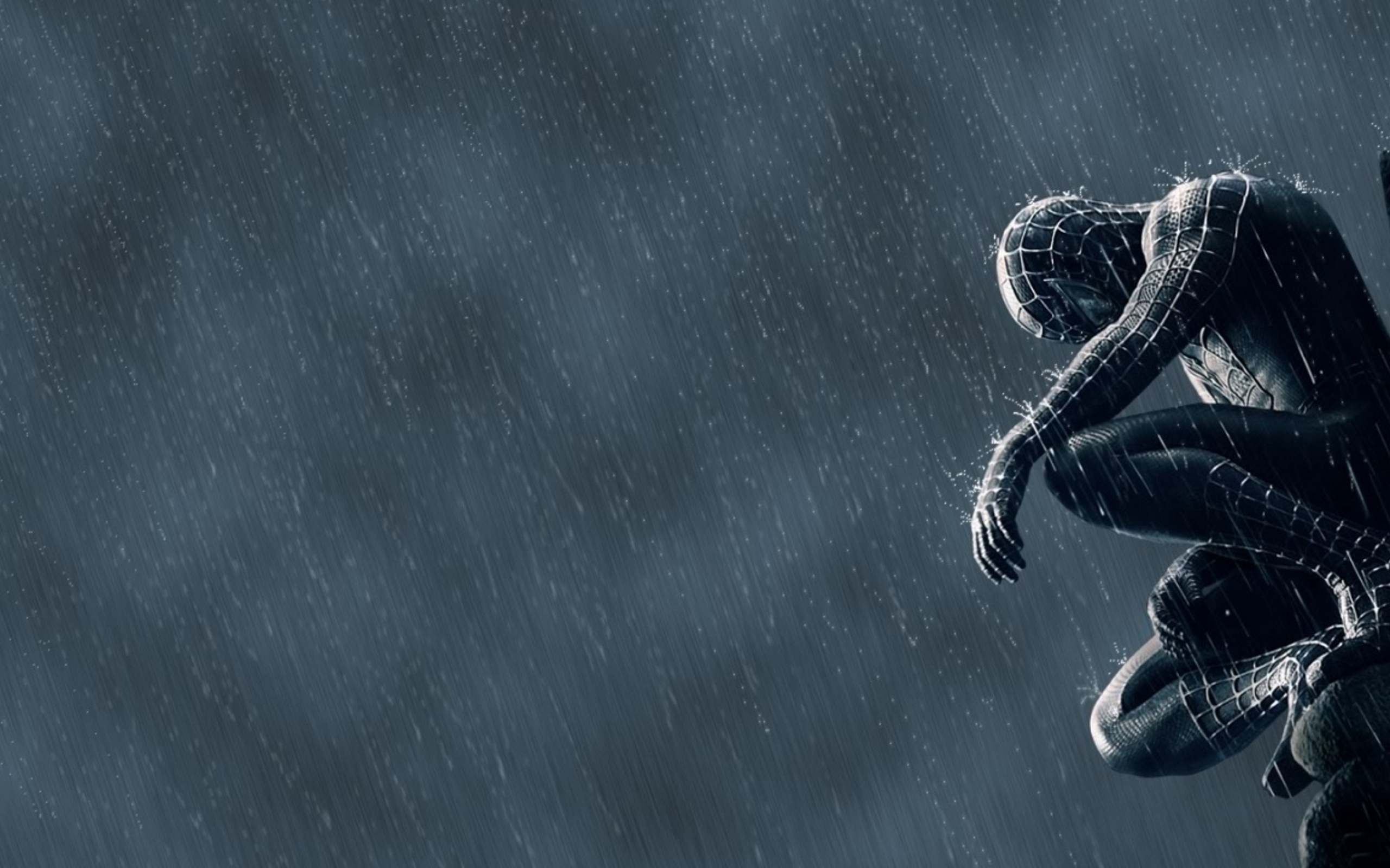 Black suit Spider-Man, Heavy rainfall, Building gargoyle ledge, HD Desktop wallpaper