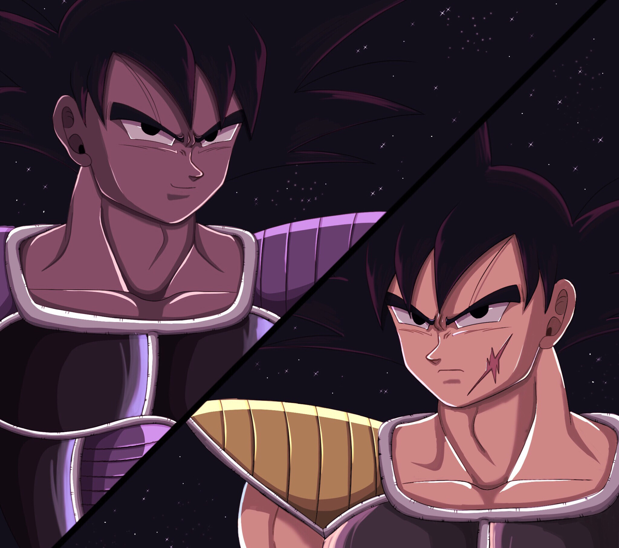 Bardock, Saiyan battle armor, Scarred cheek, Split portrait, Dragon Ball, HD Desktop wallpaper