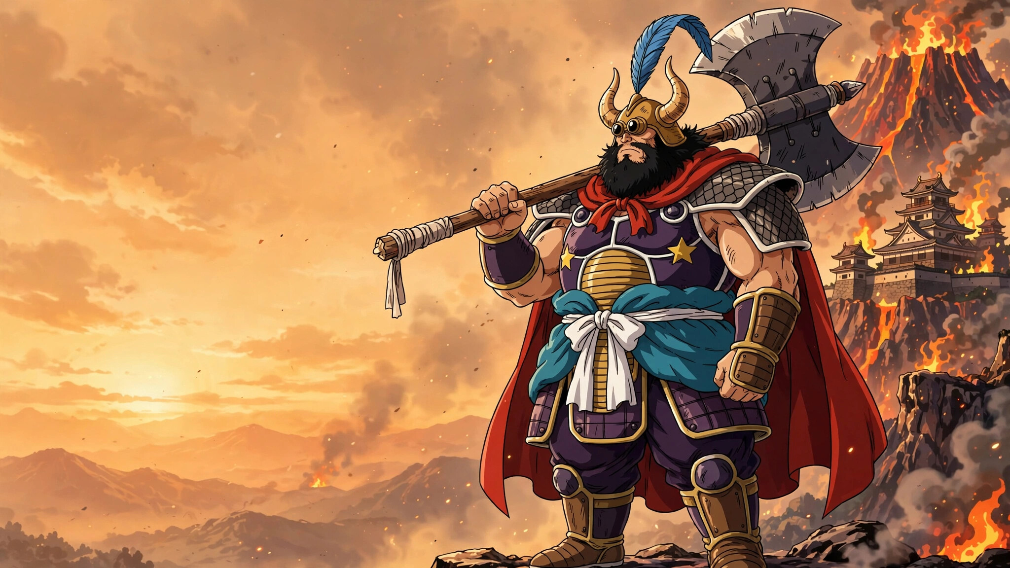 Ox-King, Horned helmet, Giant axe, Fire Mountain castle, Rising flames, Dragon Ball, HD Desktop wallpaper