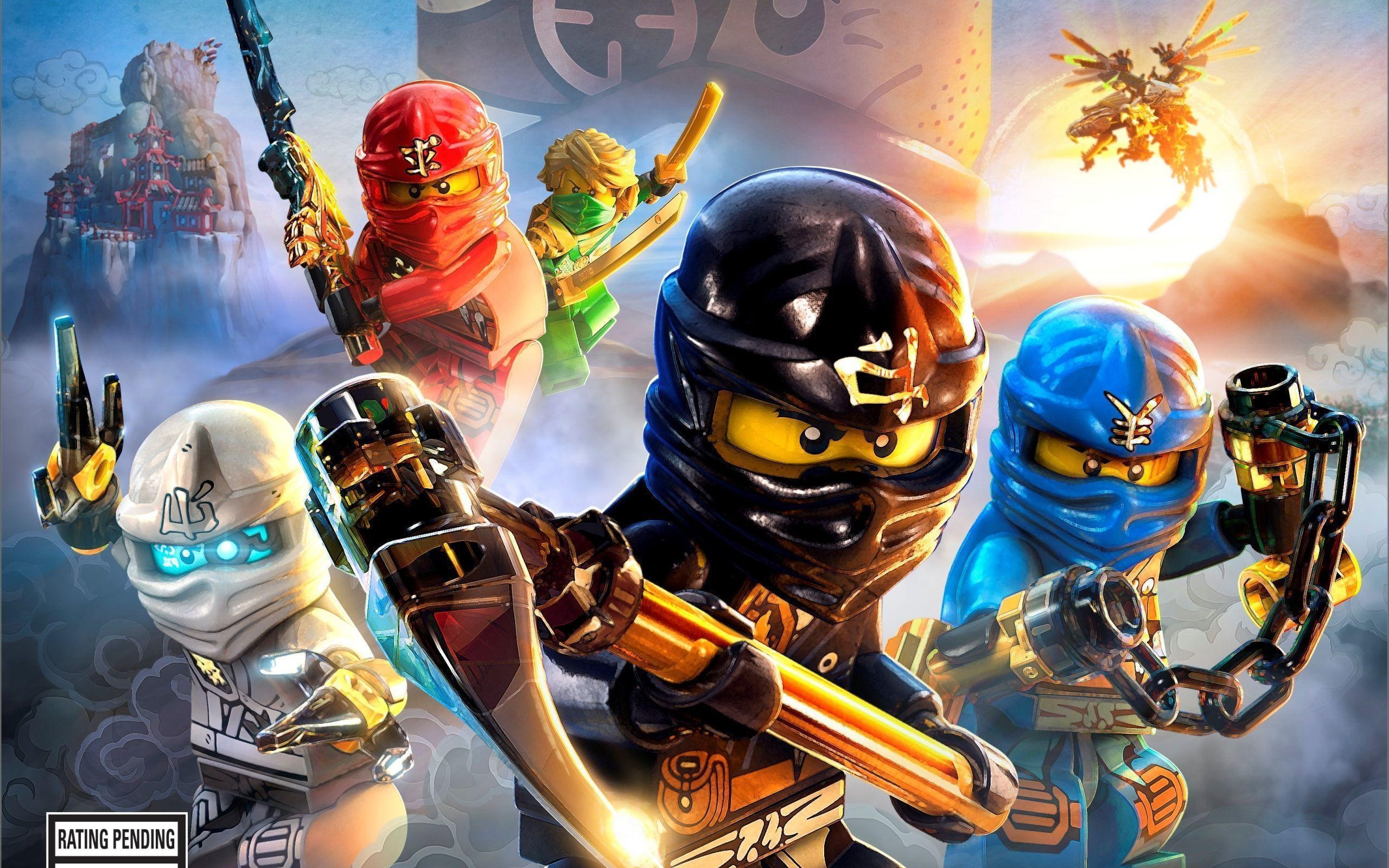 Cole with golden weapon, Zane in ice armor, Jay with golden nunchucks, Kai and Lloyd behind, Ninjago floating temple, HD Desktop wallpaper