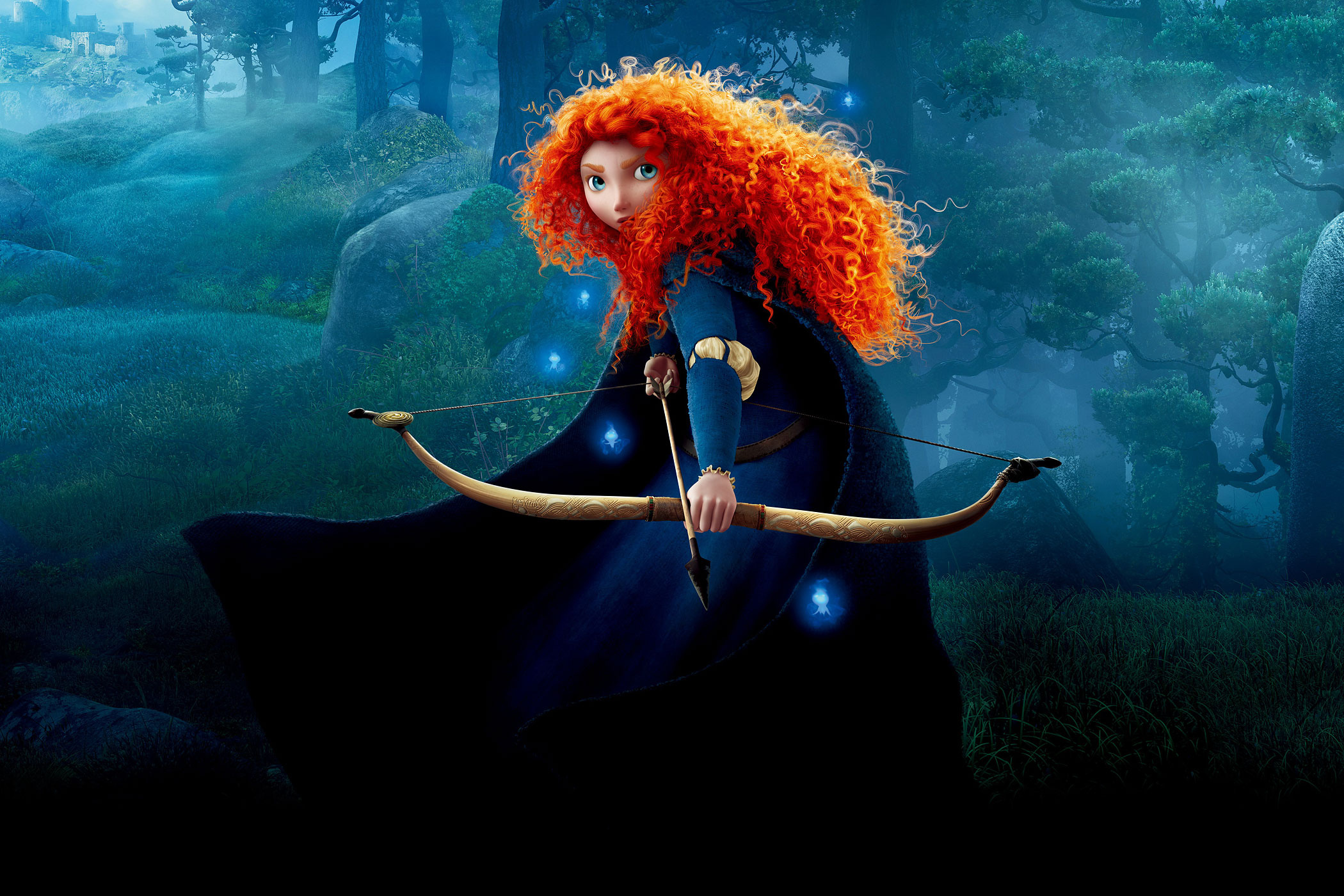 Princess Merida, will-o'-the-wisps, wooden bow and arrow, HD Desktop wallpaper