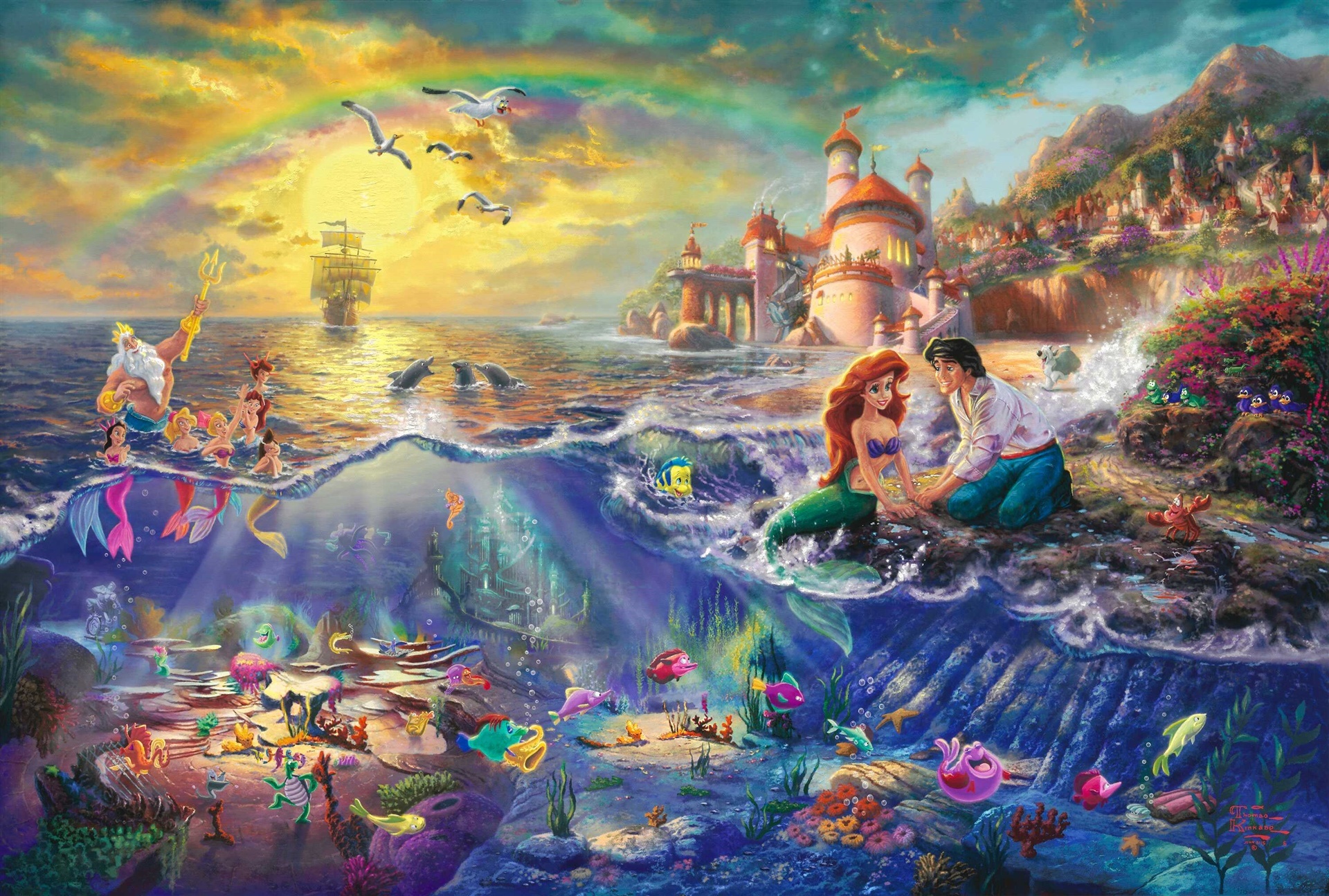 Ariel and Prince Eric, King Triton, Prince Eric's seaside castle, Flounder and Sebastian, Atlantica underwater kingdom, HD Desktop wallpaper